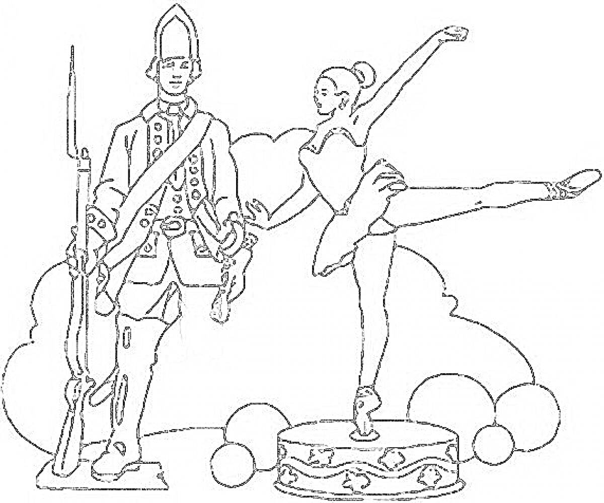 На раскраске изображено: Балерина, Солдат, Игрушки, Из сказок, Облака, Для детей, Танец