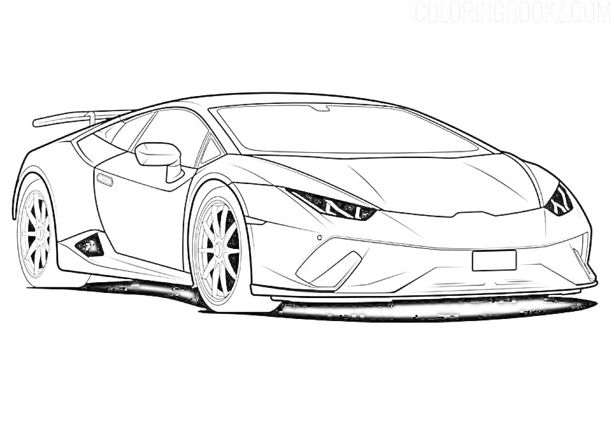 Раскраска Спортивный автомобиль Lamborghini с аэродинамическим спойлером и низкопрофильными шинами