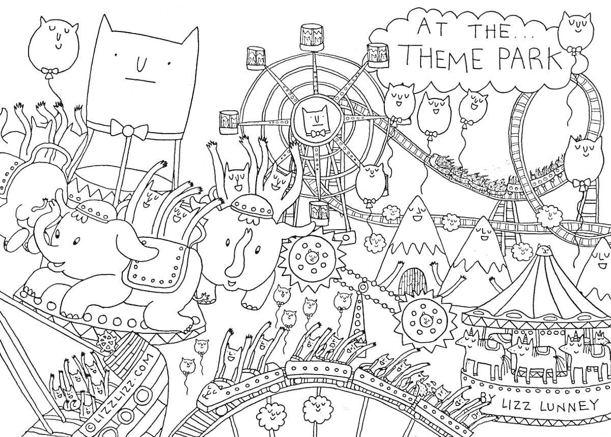 Раскраска Парк аттракционов с колесом обозрения, американскими горками, каруселью с слонами, тиром, цирковым шатром и воздушными шарами