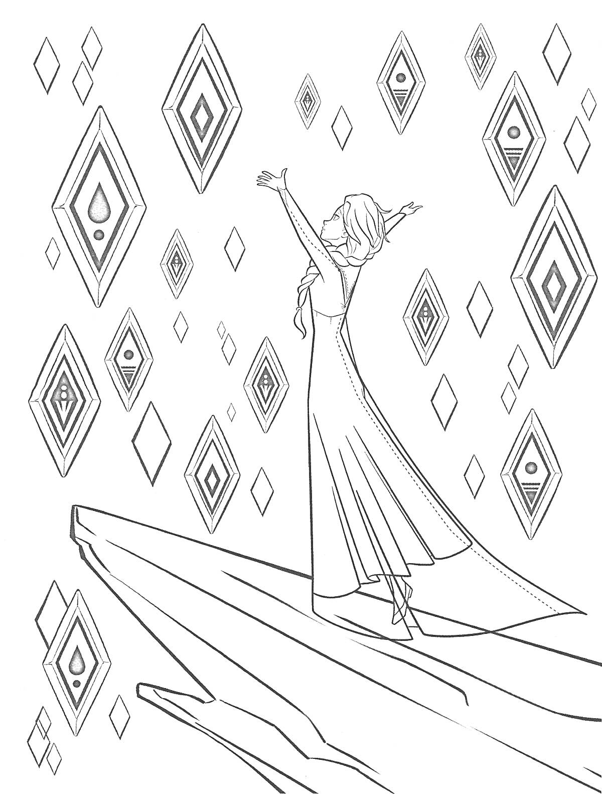 Раскраска девушка в длинном платье на скале, ромбовидные фигуры в воздухе
