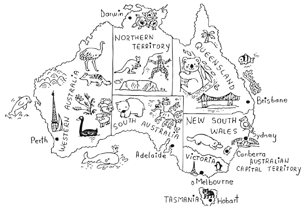 На раскраске изображено: Австралия, Карта, Города, Природа, Кенгуру, Эму, Коала, Животные