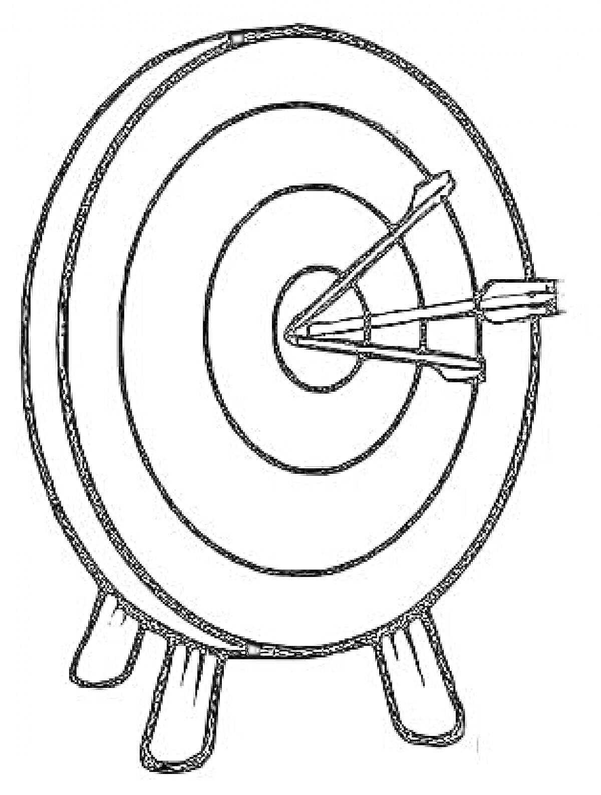 Раскраска мишень с пятью кольцами и четырьмя стрелами