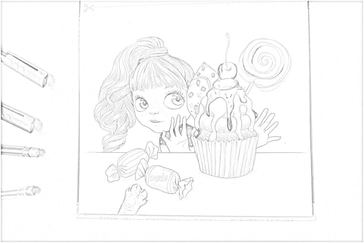На раскраске изображено: Девочка, Пирожное, Конфеты, Фломастеры, 2D эффект, Счастье