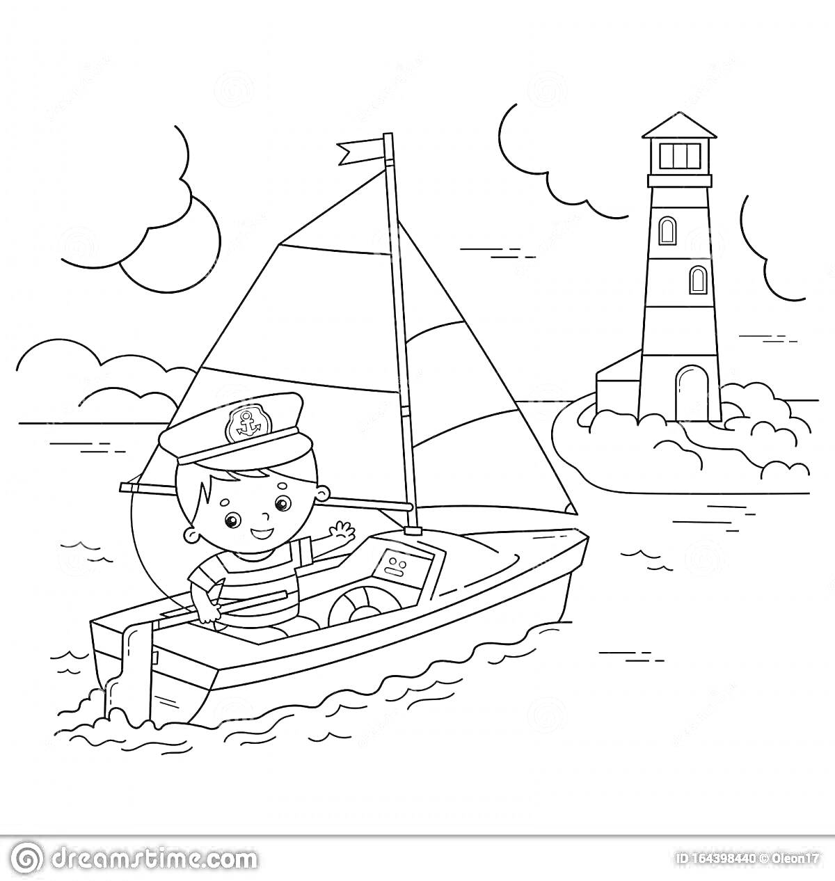 На раскраске изображено: Капитан, Корабль, Яхта, Море, Маяк, Мальчик, Облака, Волны, Флаг
