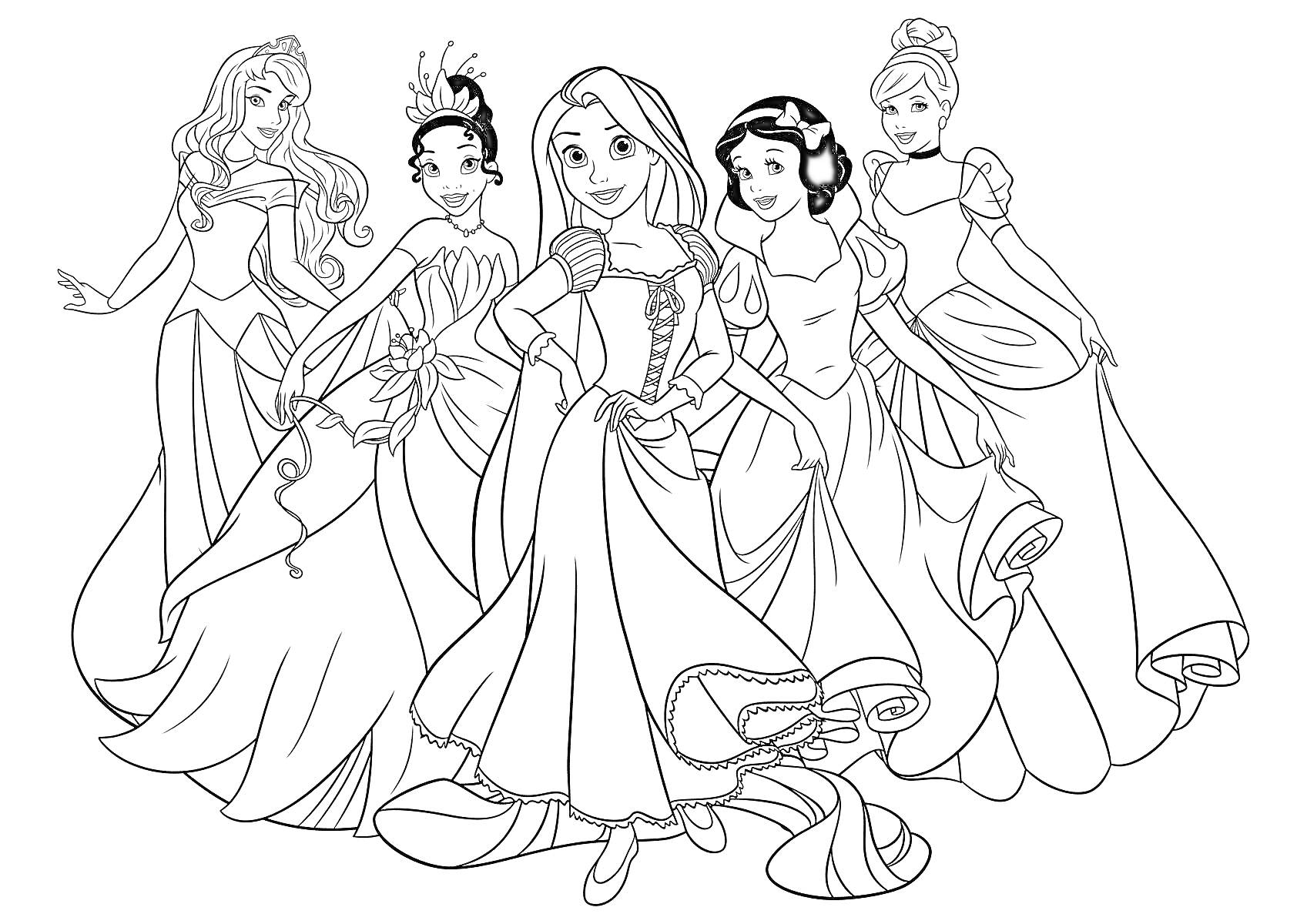 Раскраска Пять принцесс Диснея в длинных платьях, стоящих в ряд