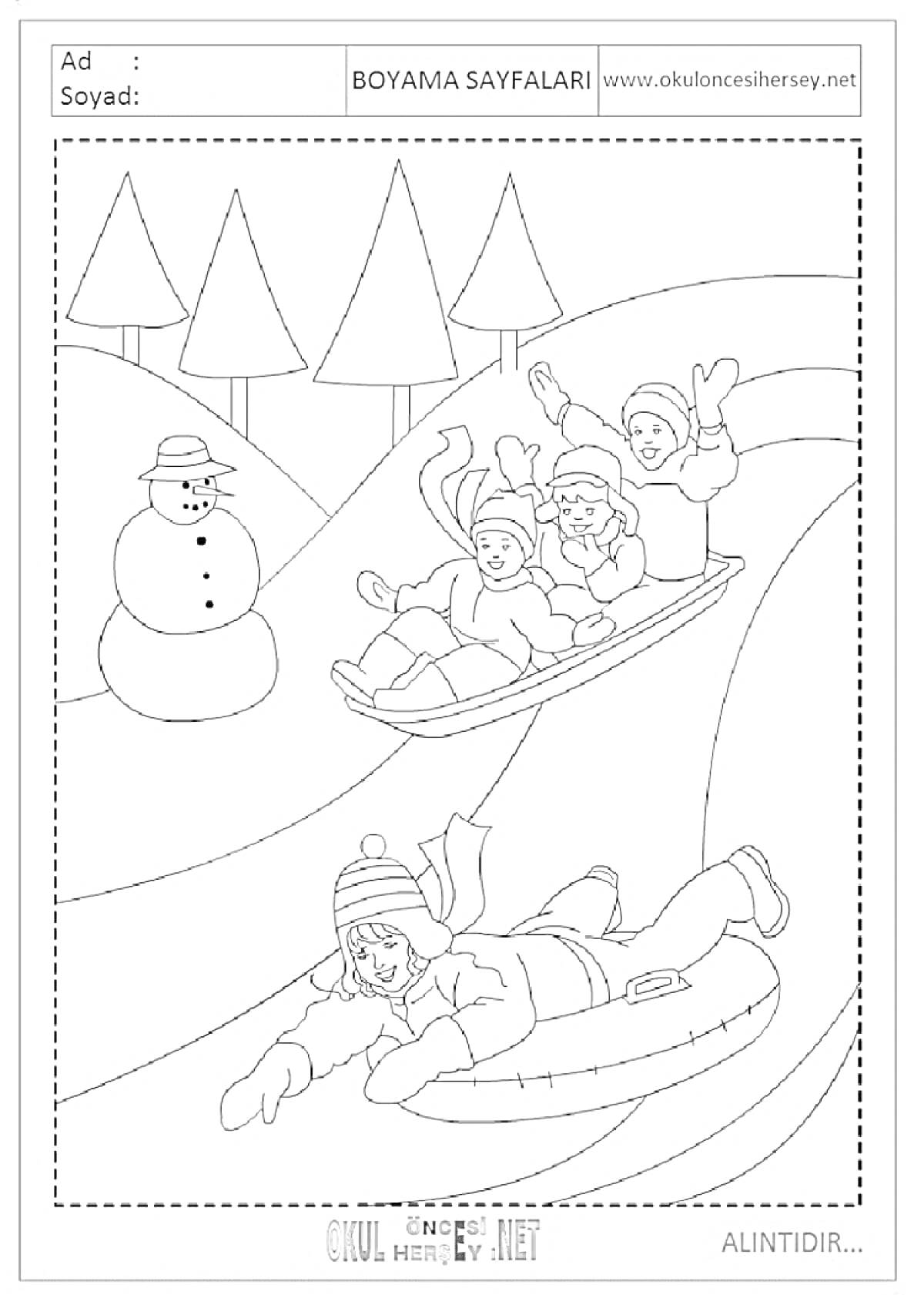На раскраске изображено: Зимние каникулы, Снег, Катание, Зимняя одежда, Веселье