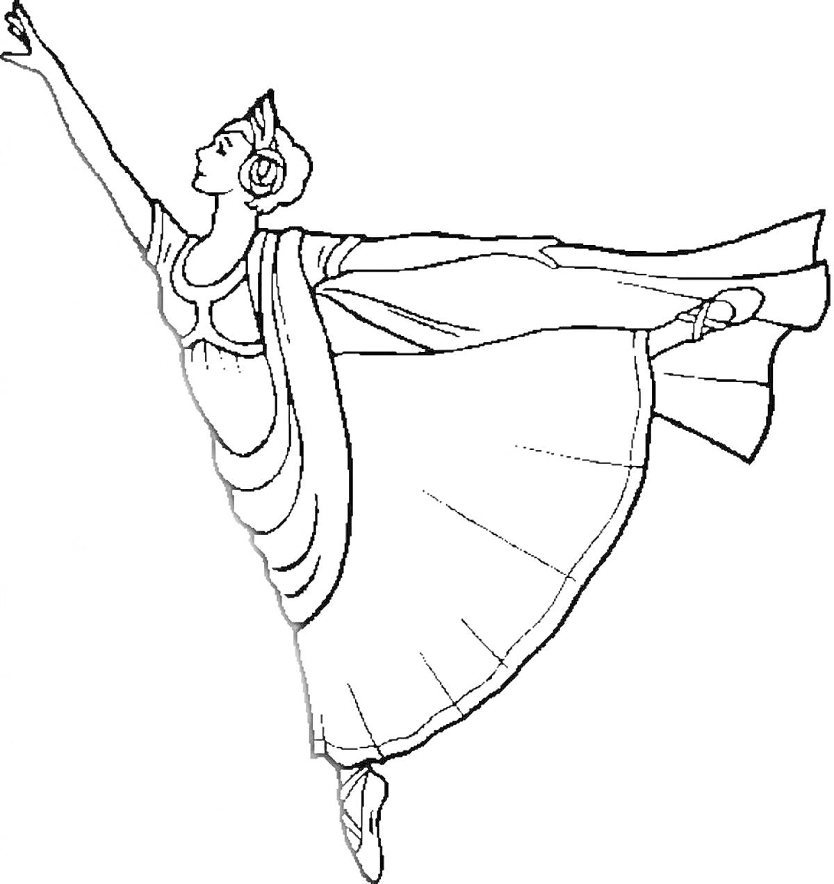 Раскраска Балерина в танце с поднятой рукой в длинном платье на пуантах