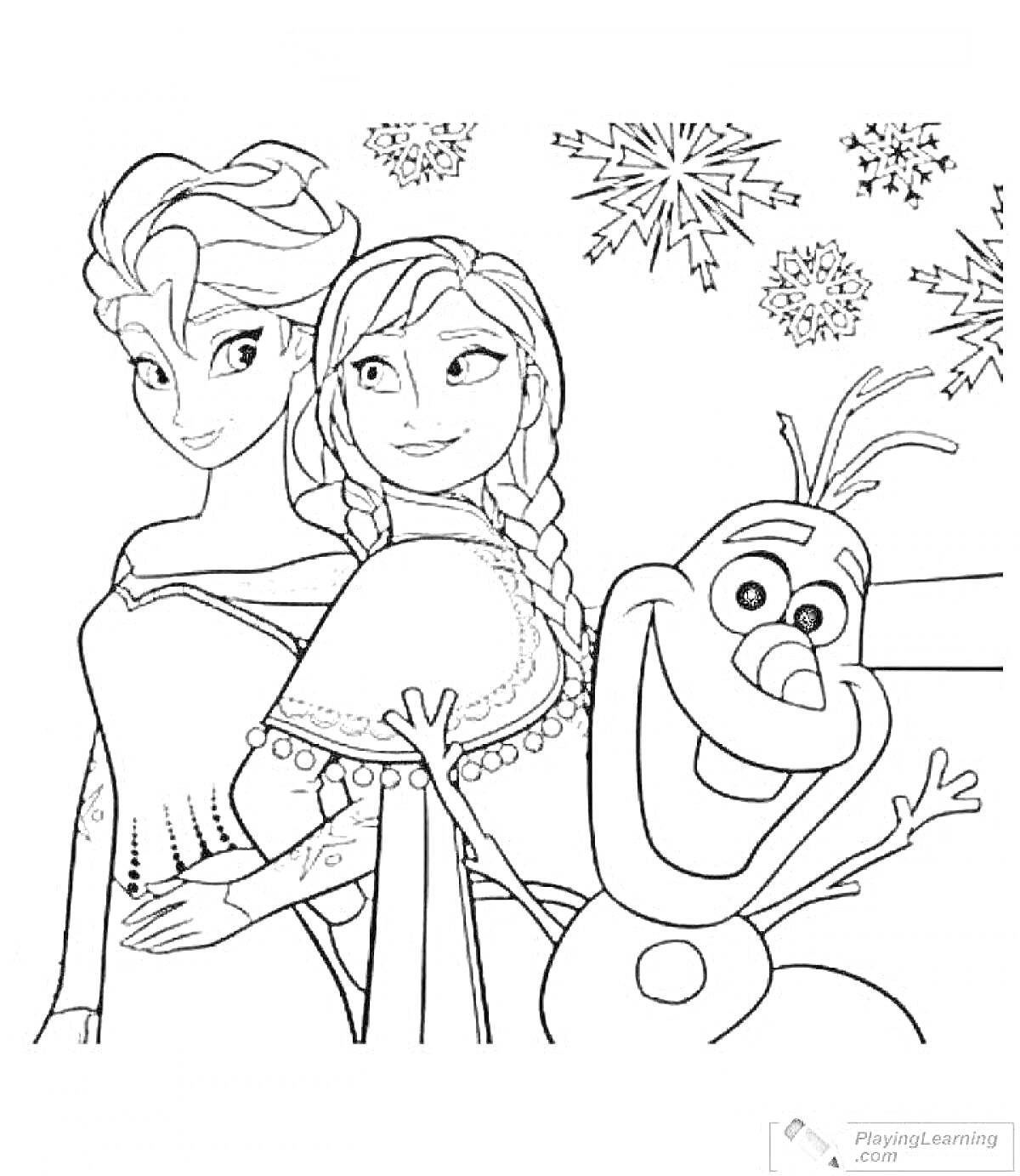 На раскраске изображено: Эльза, Анна, Олаф, Снежинки, Для детей, 5-6 лет, Холодное сердце