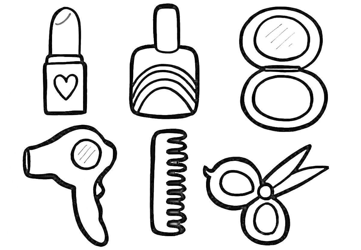 Косметика для девочек: помада с сердечком, лак для ногтей, пудра, фен, расческа, ножницы