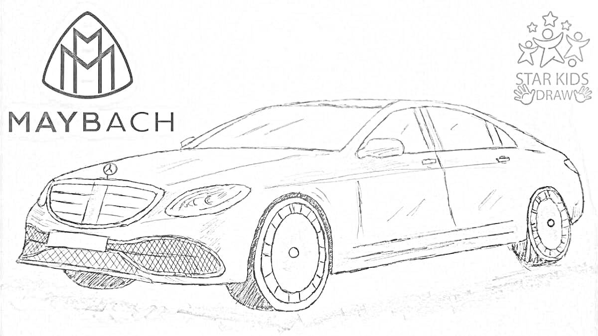 Раскраска Рисунок автомобиля Maybach с логотипом Maybach и логотипом Star Kids Draw на фоне