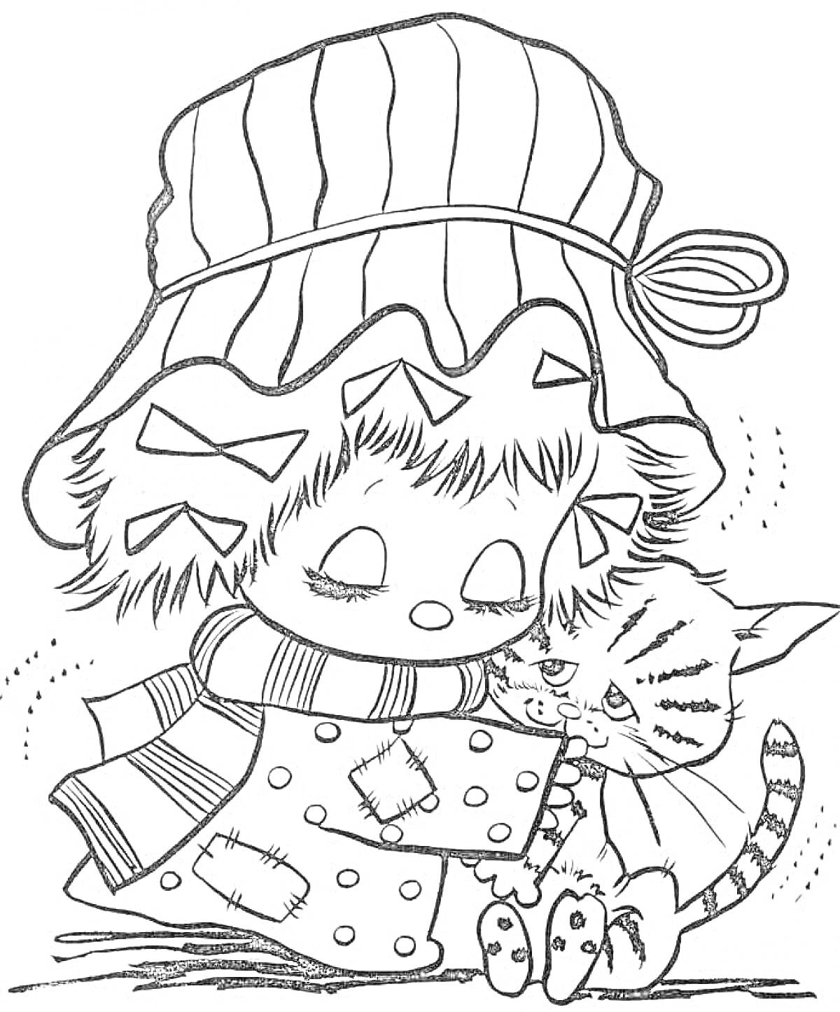 Раскраска девочка в шапке с кошкой