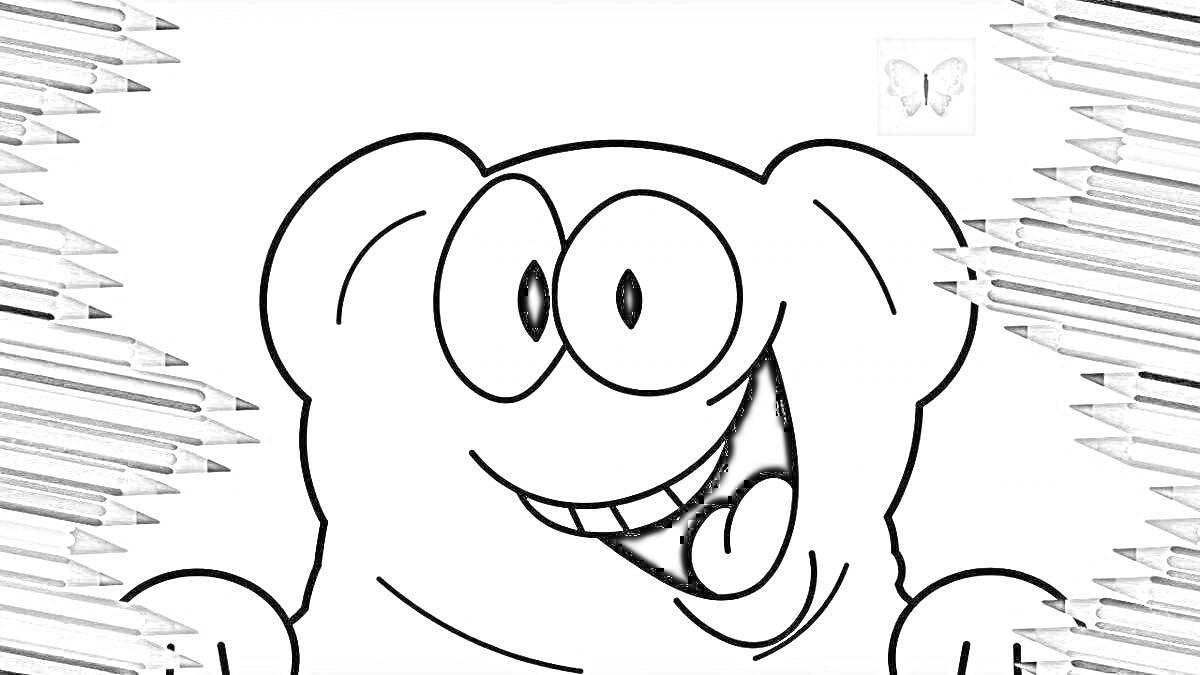 Раскраска Валера медведь с улыбающимся лицом, окружённый карандашами и изображением бабочки на небольшом квадрате в правом верхнем углу.