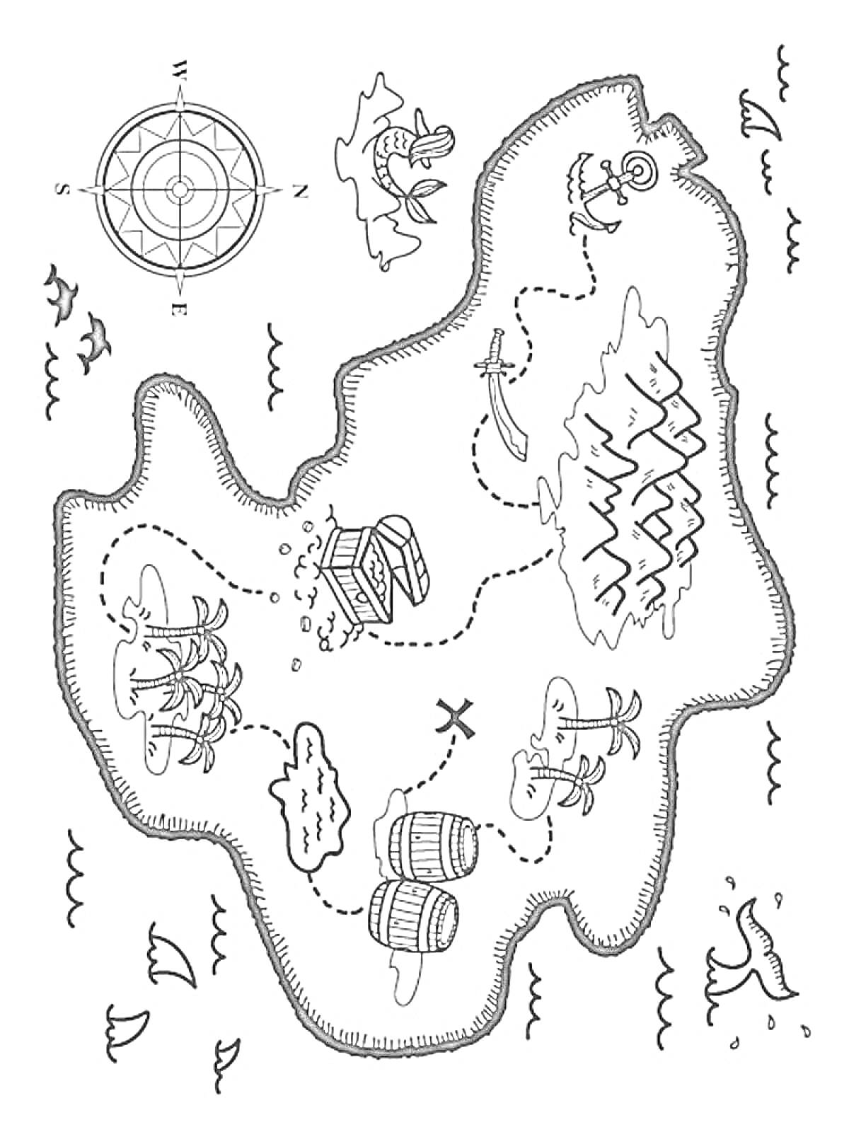Раскраска Карта сокровищ с компасом, сундуками, пальмами, островами, бочками, горой и волнами