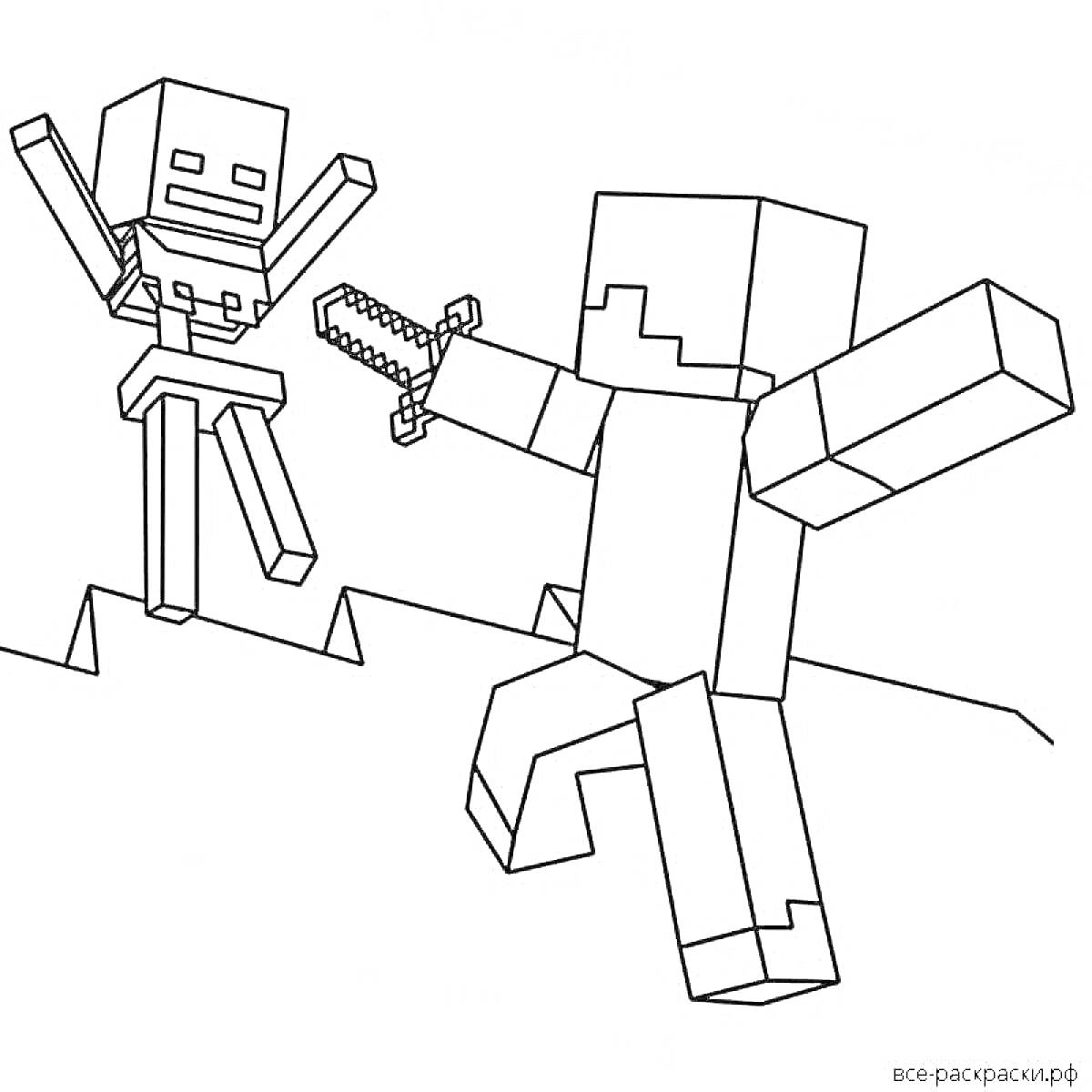 Раскраска Столкновение между Стивом и скелетом в Minecraft