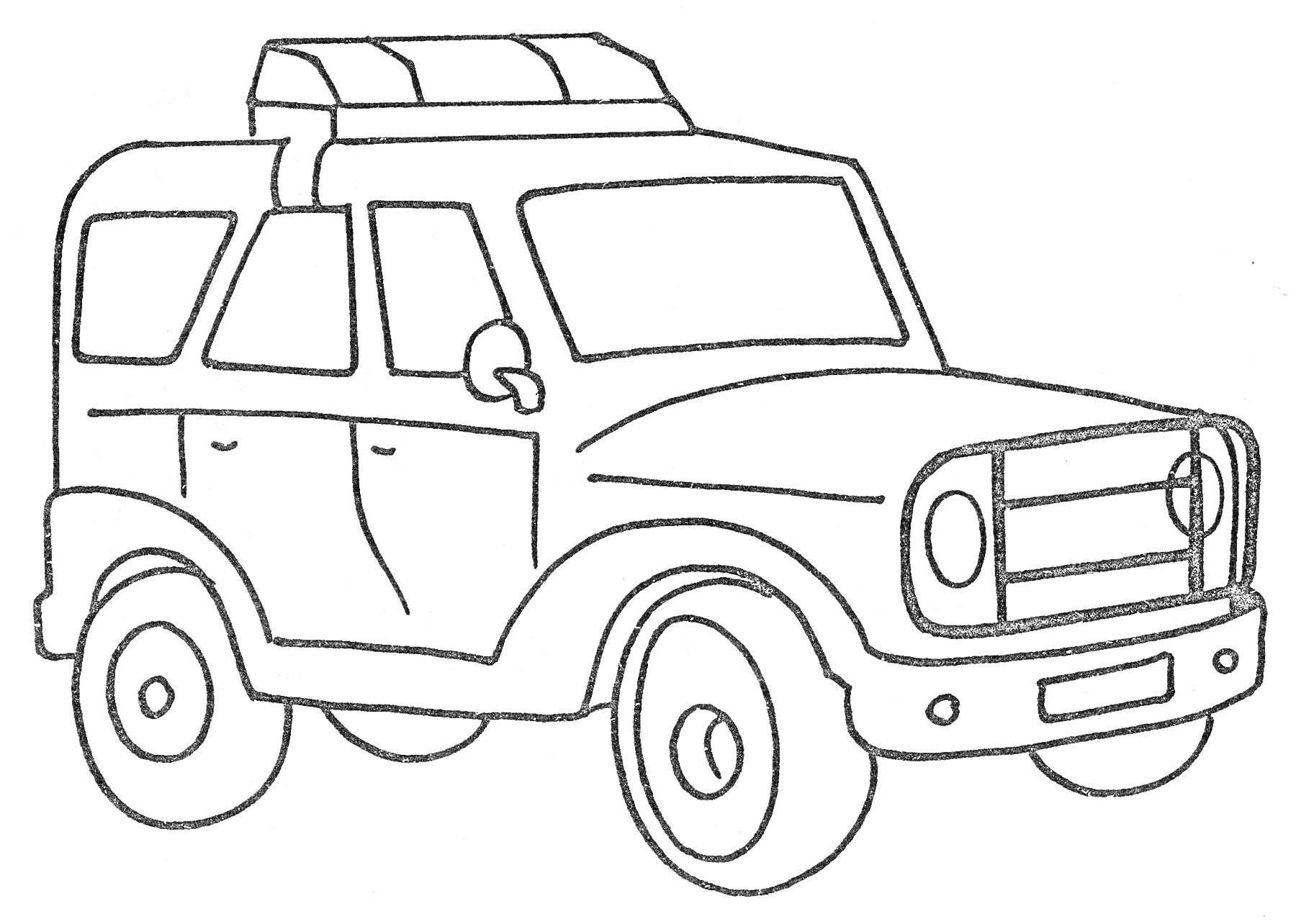 На раскраске изображено: Полицейская машина, Фары, Багажник на крыше, Колёса, Иллюстрация