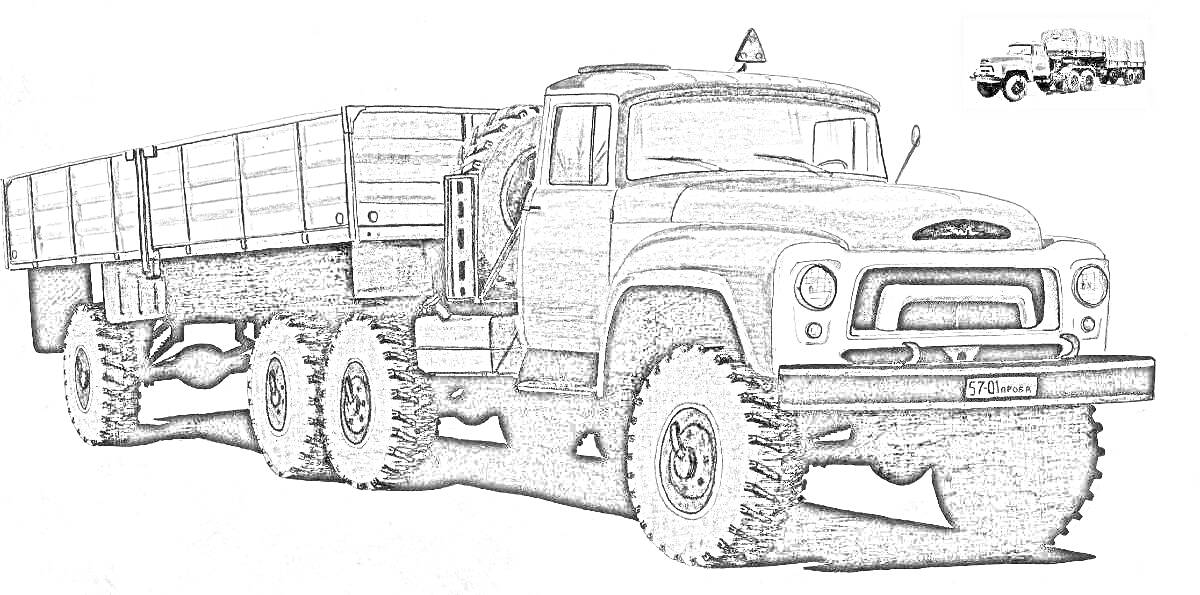 Раскраска ЗИЛ — грузовой автомобиль с кузовом и шасси, фронтальный вид.