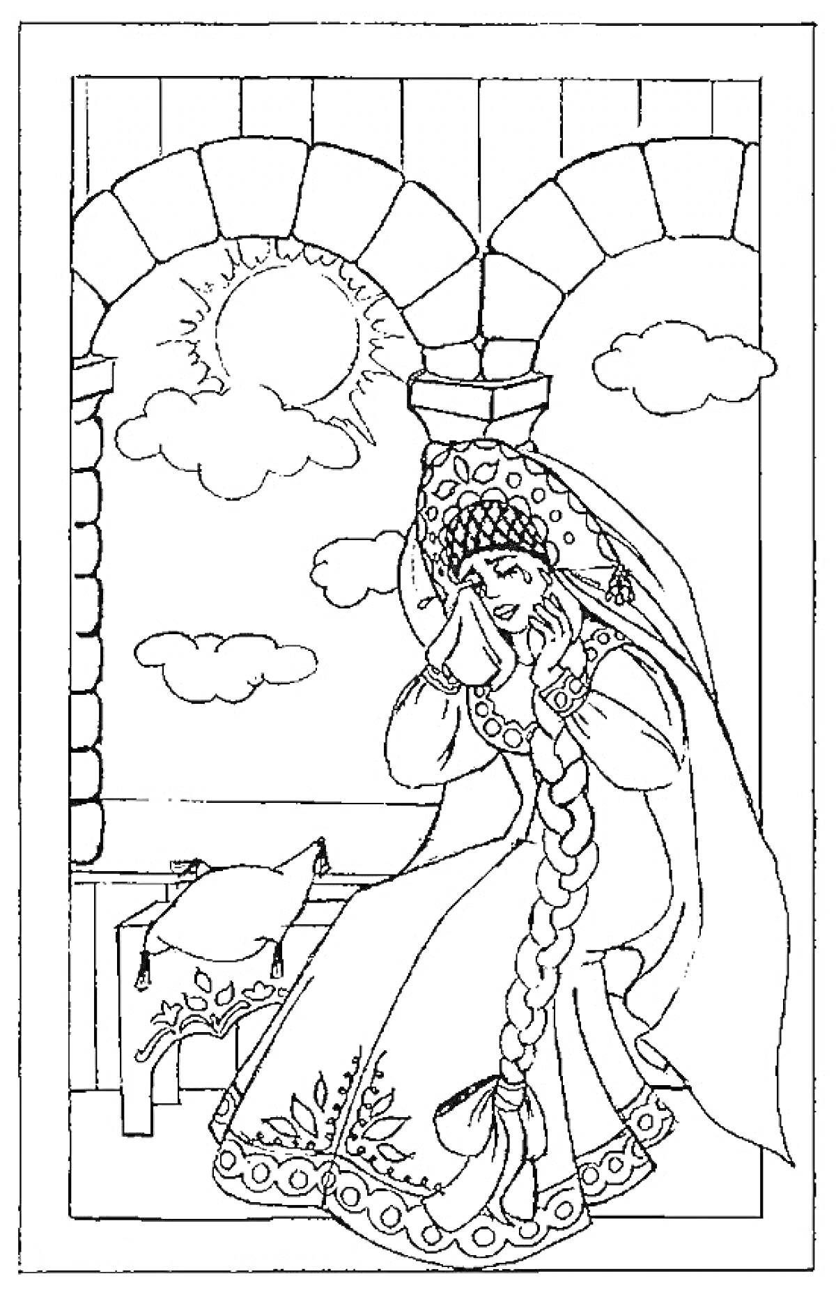 Раскраска Принцесса с длинной косой, сидящая у окна с арками, на заднем плане солнце и облака.