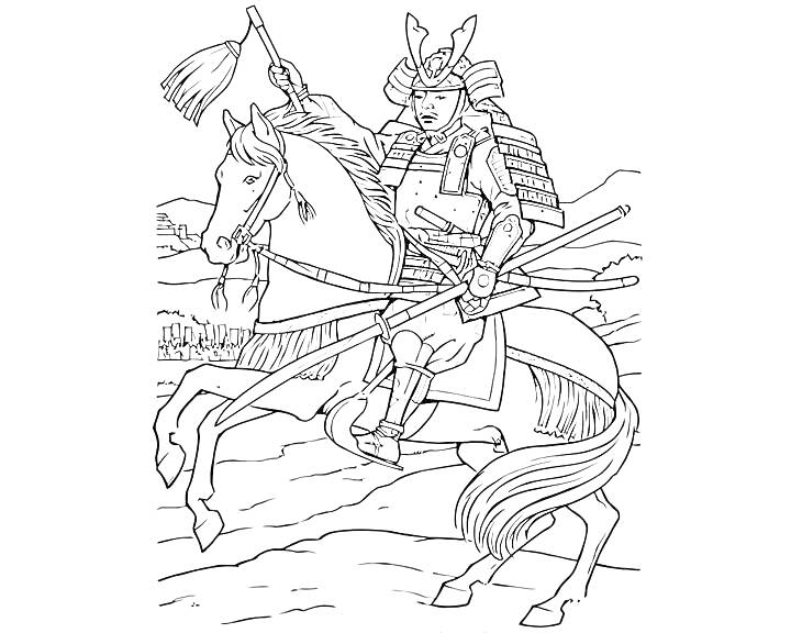 Раскраска Самурай на лошади с копьем в шлеме и доспехах на фоне природы