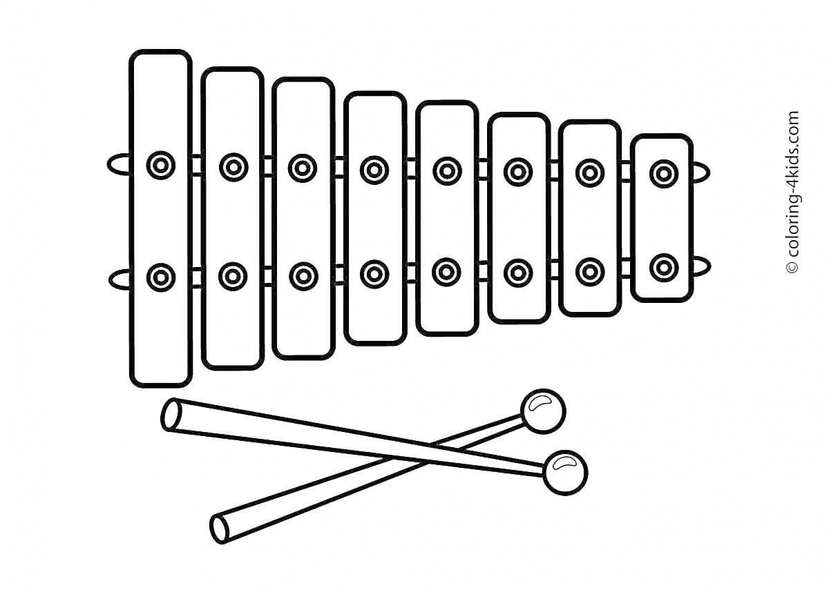 На раскраске изображено: Ксилофон, Музыкальные инструменты, Музыка, Для детей, Палочка