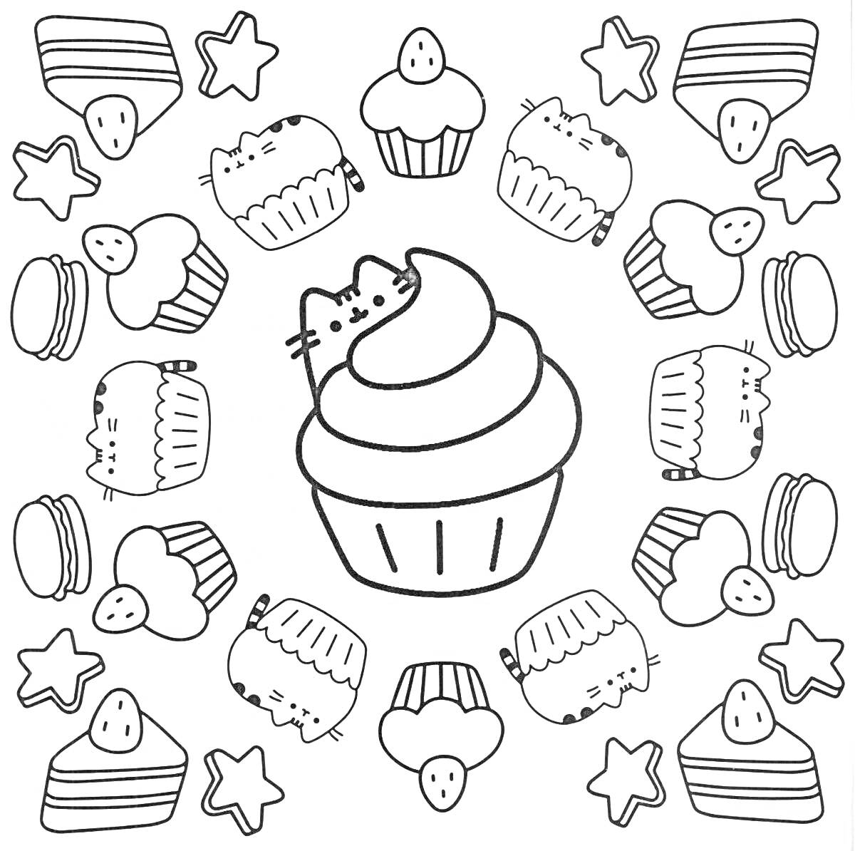 На раскраске изображено: Кекс, Пирожное, Еда, Сладости