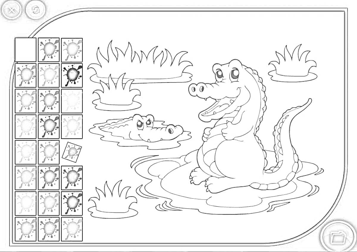 На раскраске изображено: Крокодил, Вода, Трава, Озеро, Животные