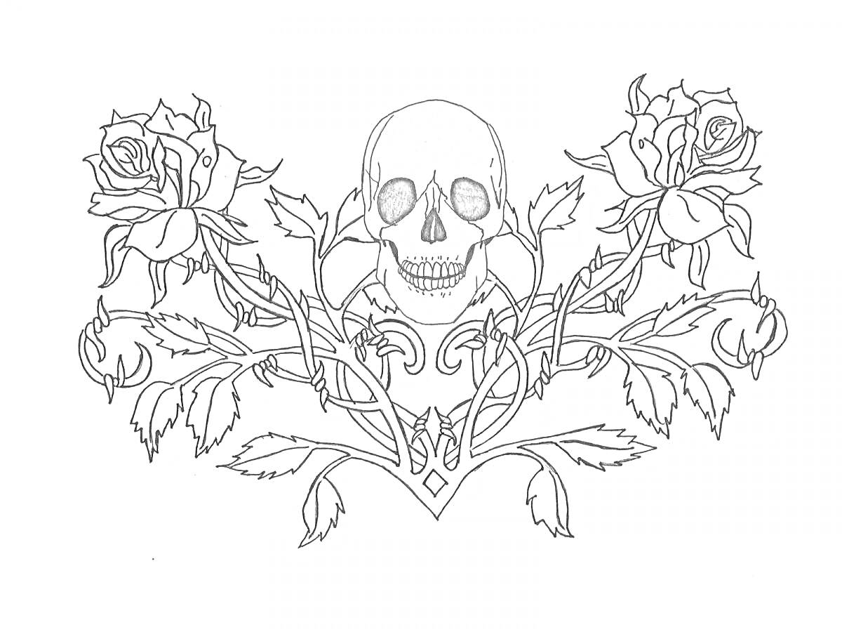 На раскраске изображено: Череп, Розы, Узоры, Листья, Смерть, Цветы