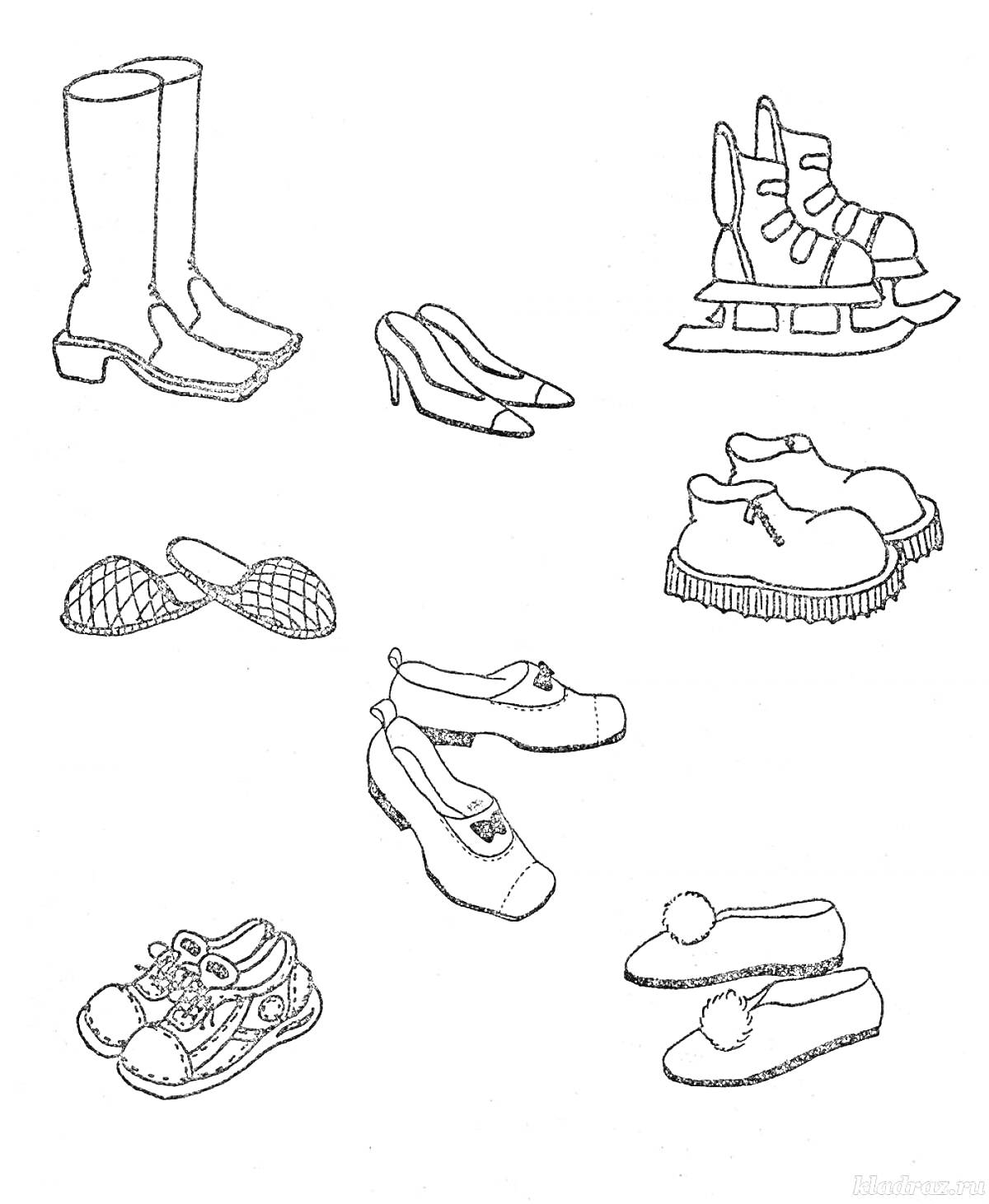 На раскраске изображено: Обувь, Ботинки, Туфли, Роликовые коньки, Тапочки, Спортивная обувь, Балетки, Обувь для детей