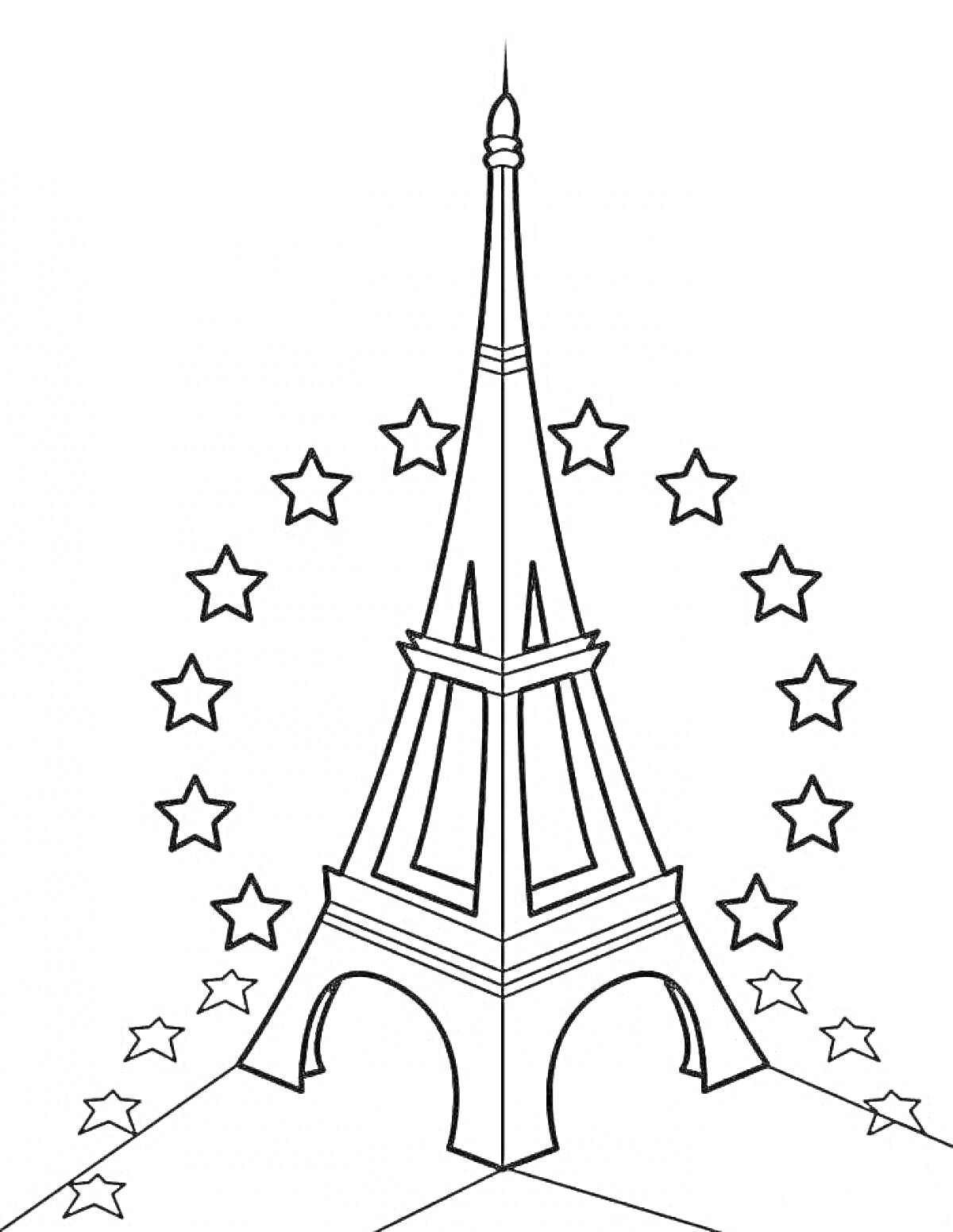 На раскраске изображено: Эйфелева башня, Париж, Франция, Звезды, Архитектура, Достопримечательности