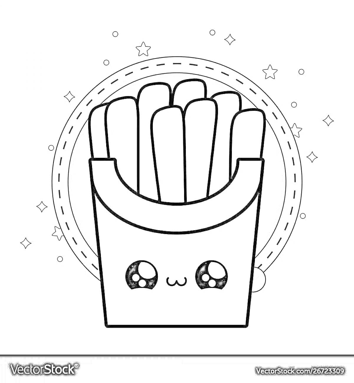 Раскраска картошка фри с милым лицом, круглая рамка с точками и звездами