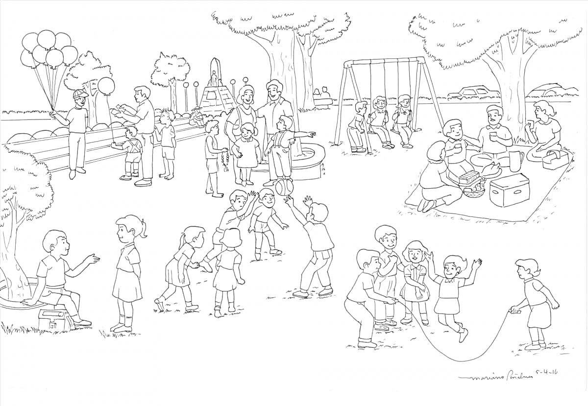 На раскраске изображено: Парк, Воздушные шары, Качели, Скакалка, Классики, Пикник, Деревья