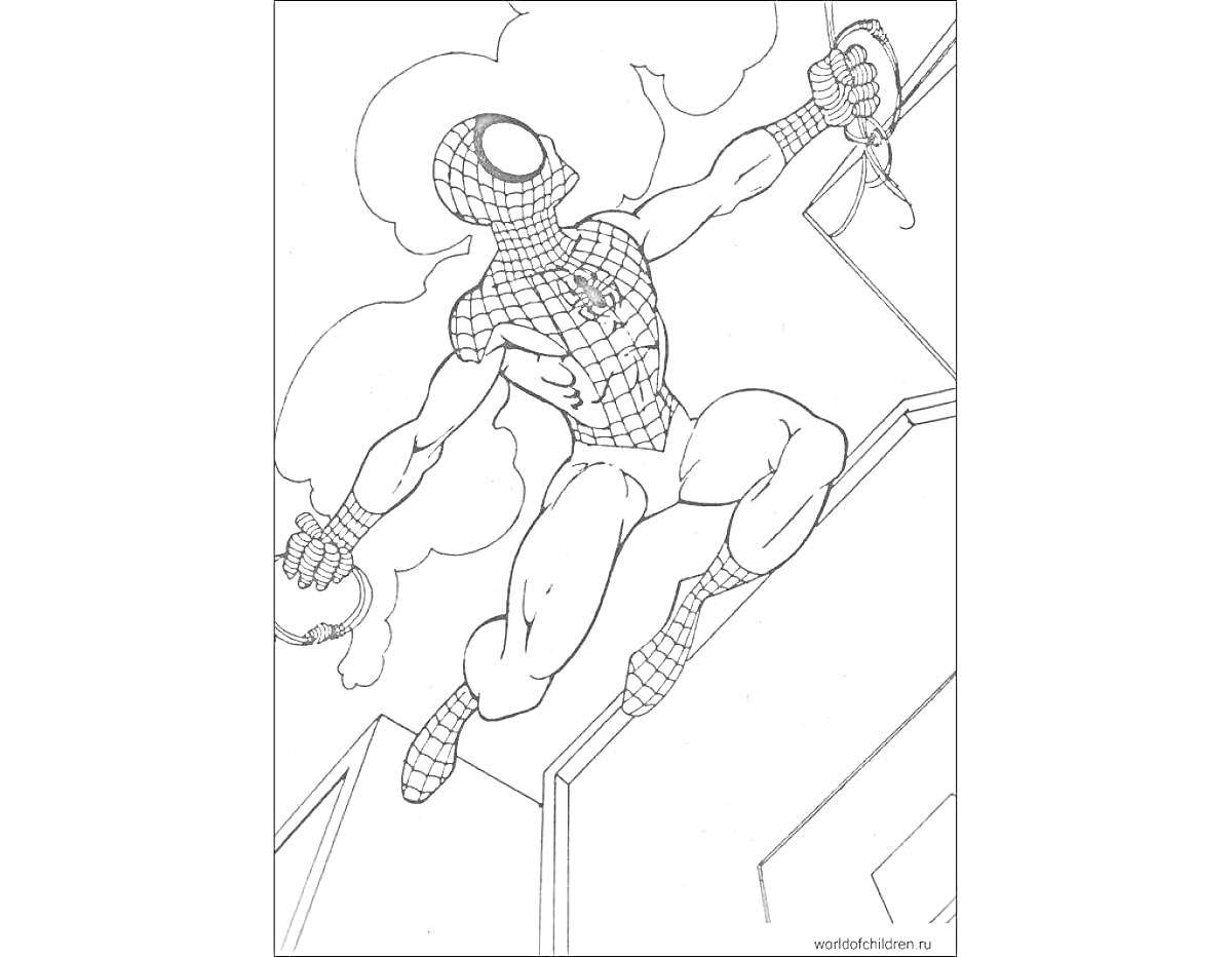 На раскраске изображено: Человек-паук, Клешни, Облака, Здания, Костюм