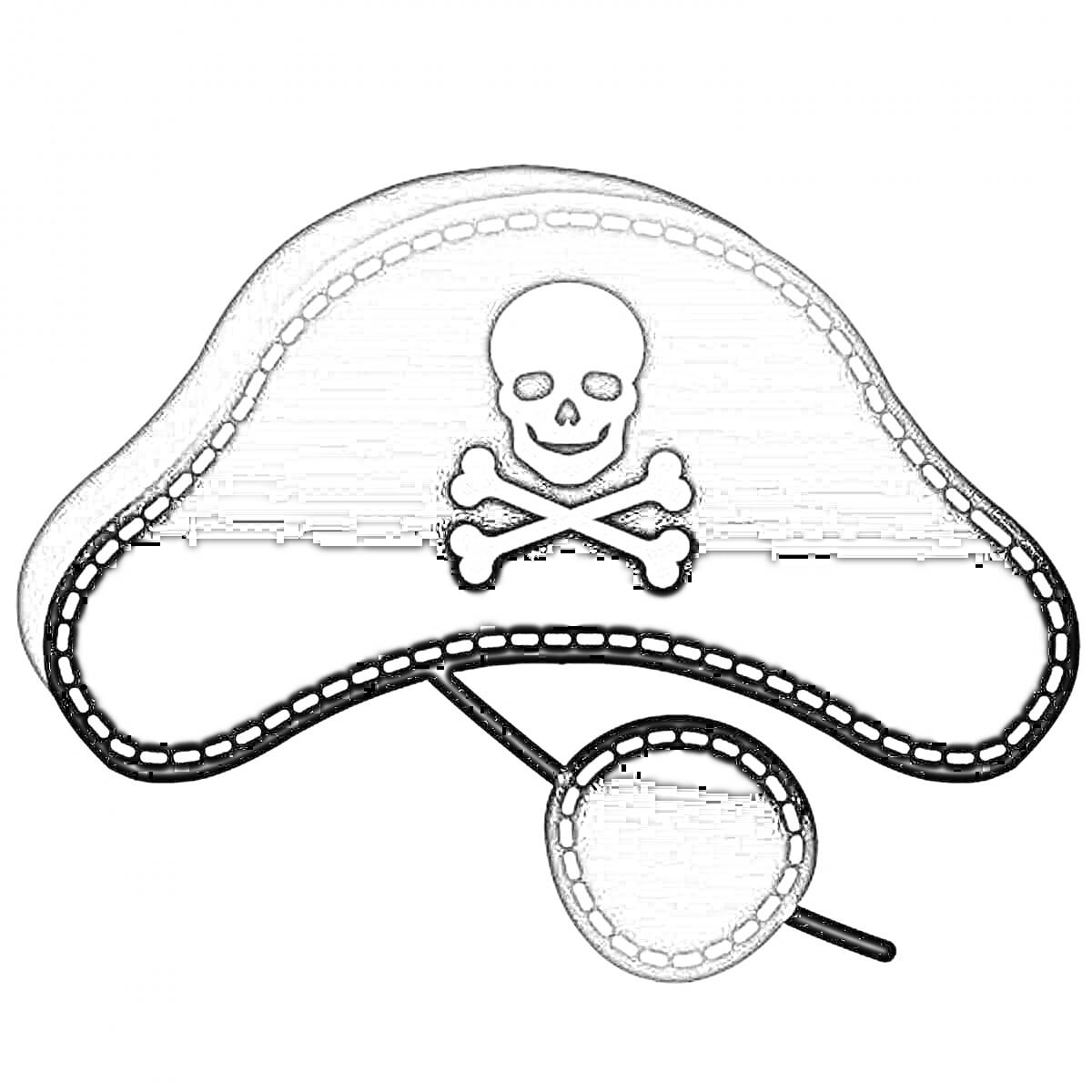 Раскраска Пиратская шляпа с черепом и костями и повязка на глаз