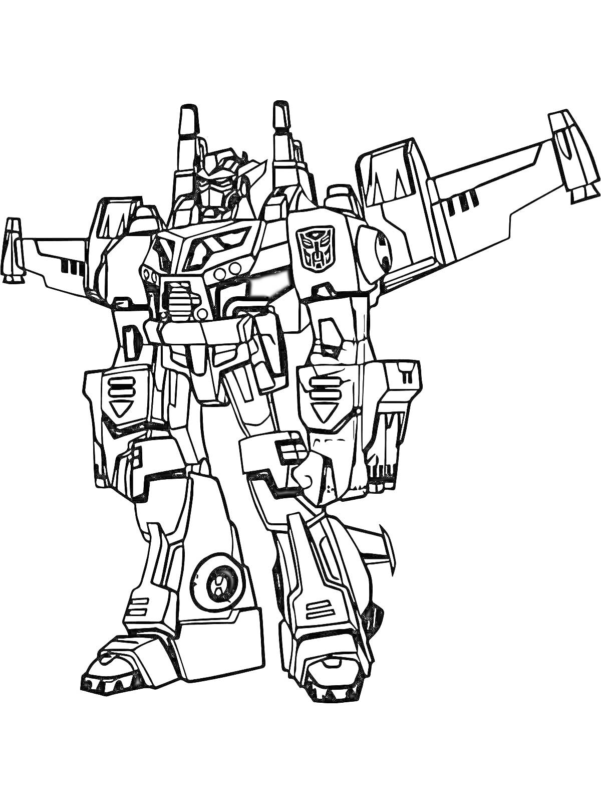 Раскраска Робот с крыльями и эмблемой, сиреноголовый, лазерная пушка, бронированный