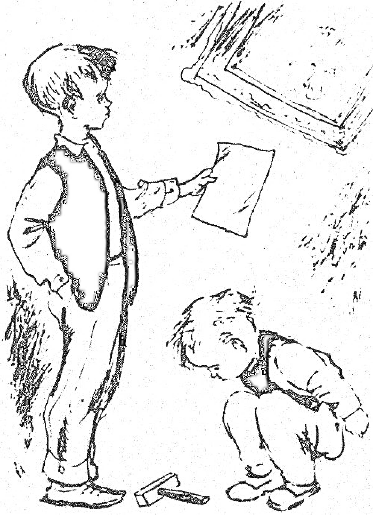 Раскраска Два мальчика, один из которых держит лист бумаги, а другой сидит на корточках рядом с молотком