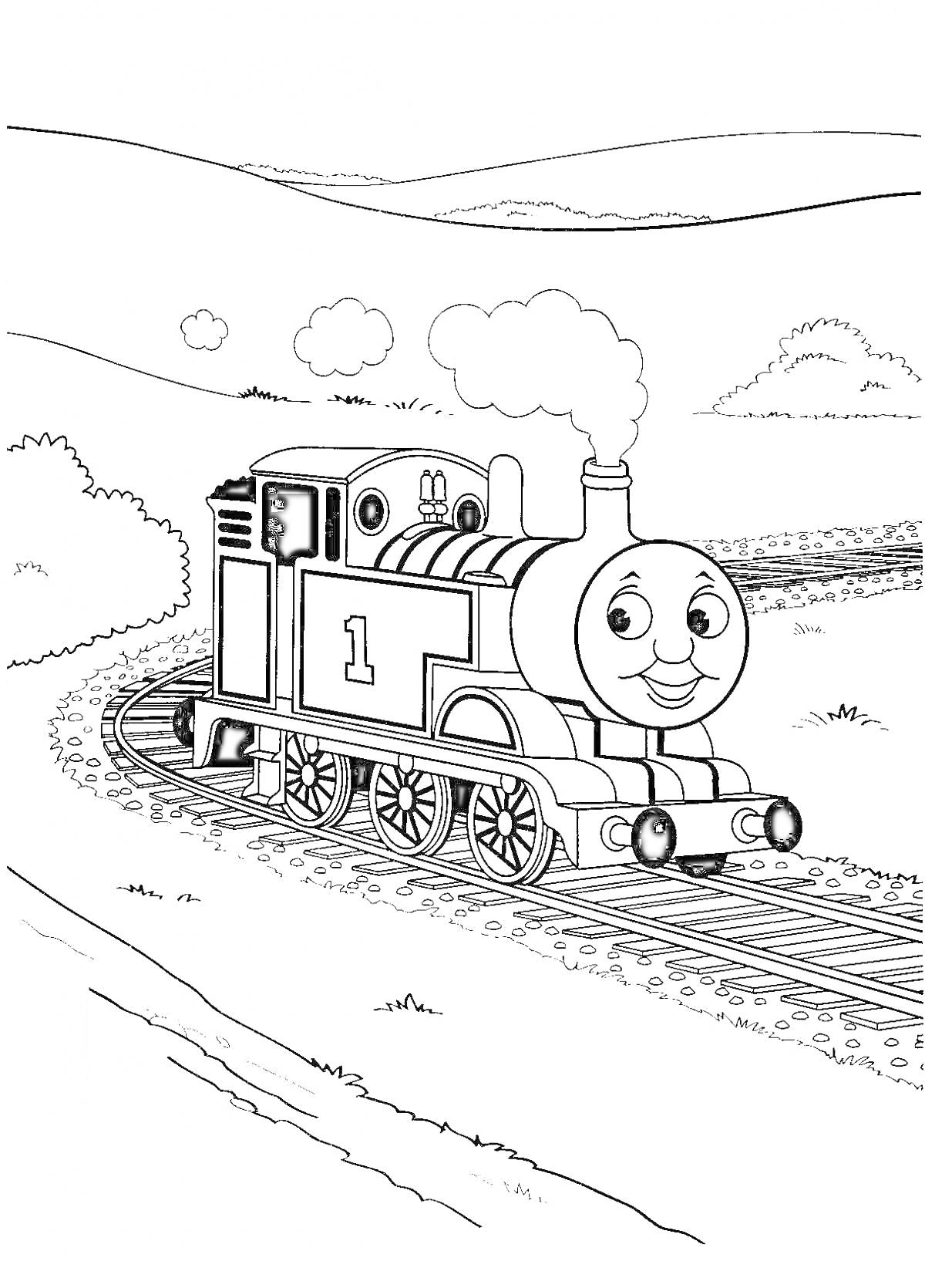 РаскраскаРаскраска Паровозик Томас на железной дороге среди природы