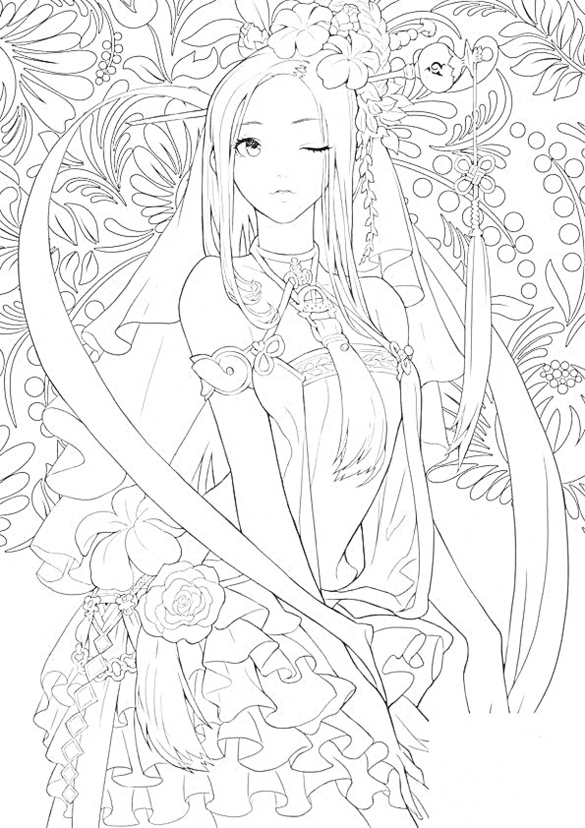 Раскраска Девушка в цветочном венке с пышной юбкой на фоне листвы и цветов