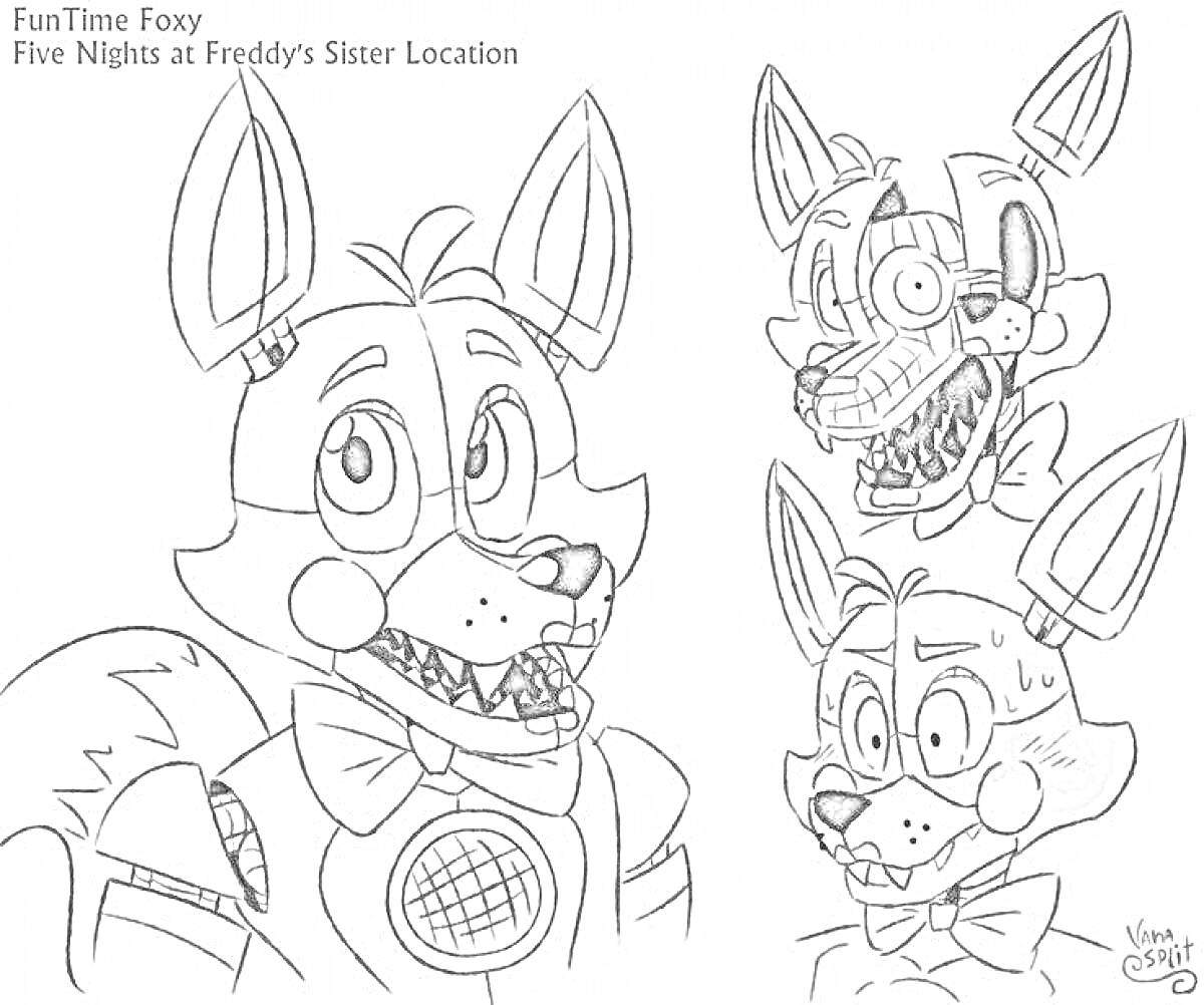 Раскраска Funtime Foxy из игры Five Nights at Freddy's: Sister Location с тремя выражениями лица