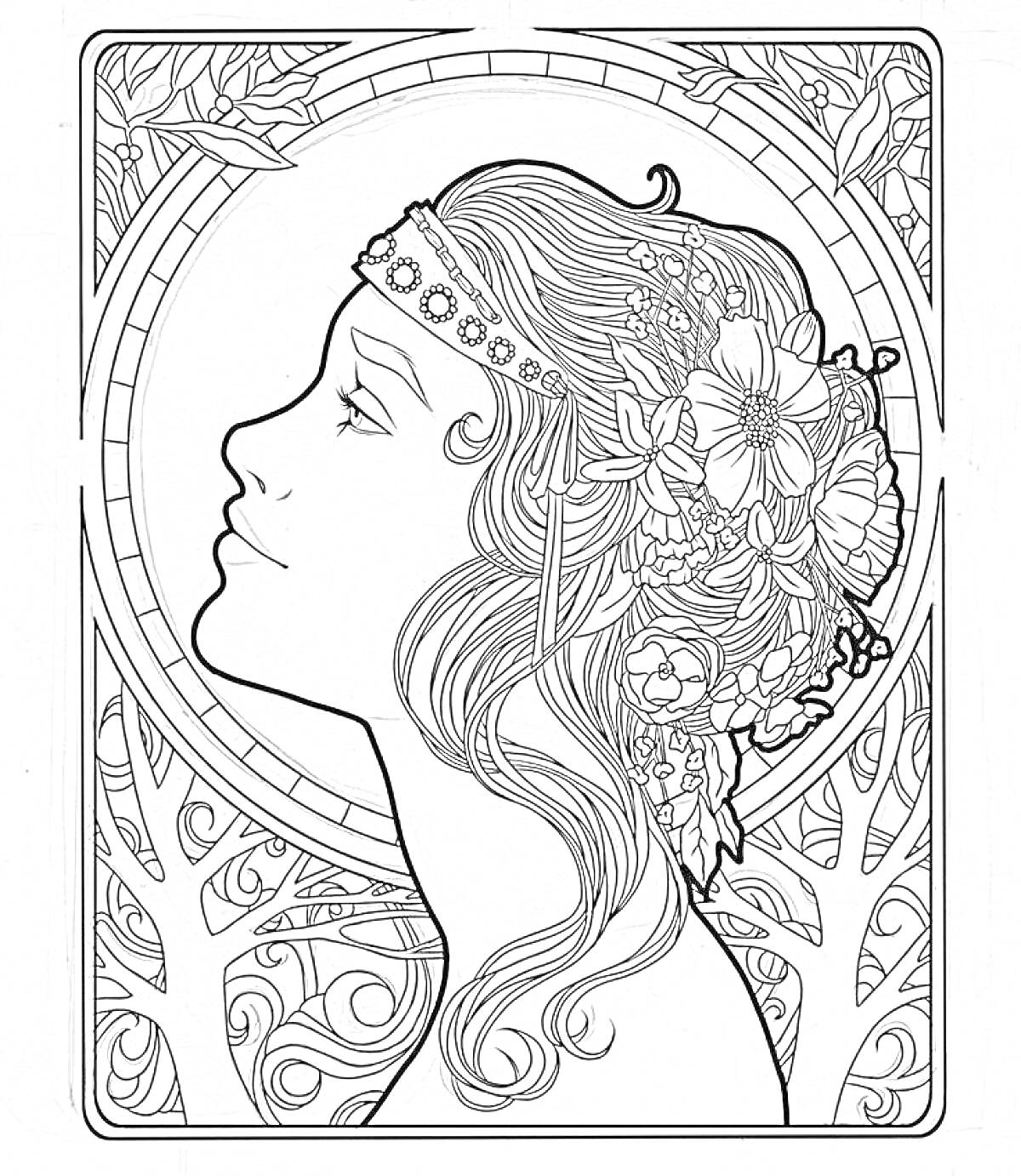 Раскраска Профиль девушки с длинными волосами, украшенными цветами и лентой, на фоне абстрактных узоров и деревьев.