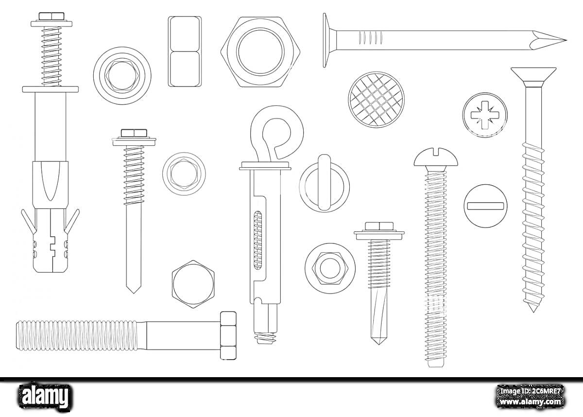 Раскраска Разнообразие крепежных элементов (болт, гайка, саморез, дюбель, анкер)