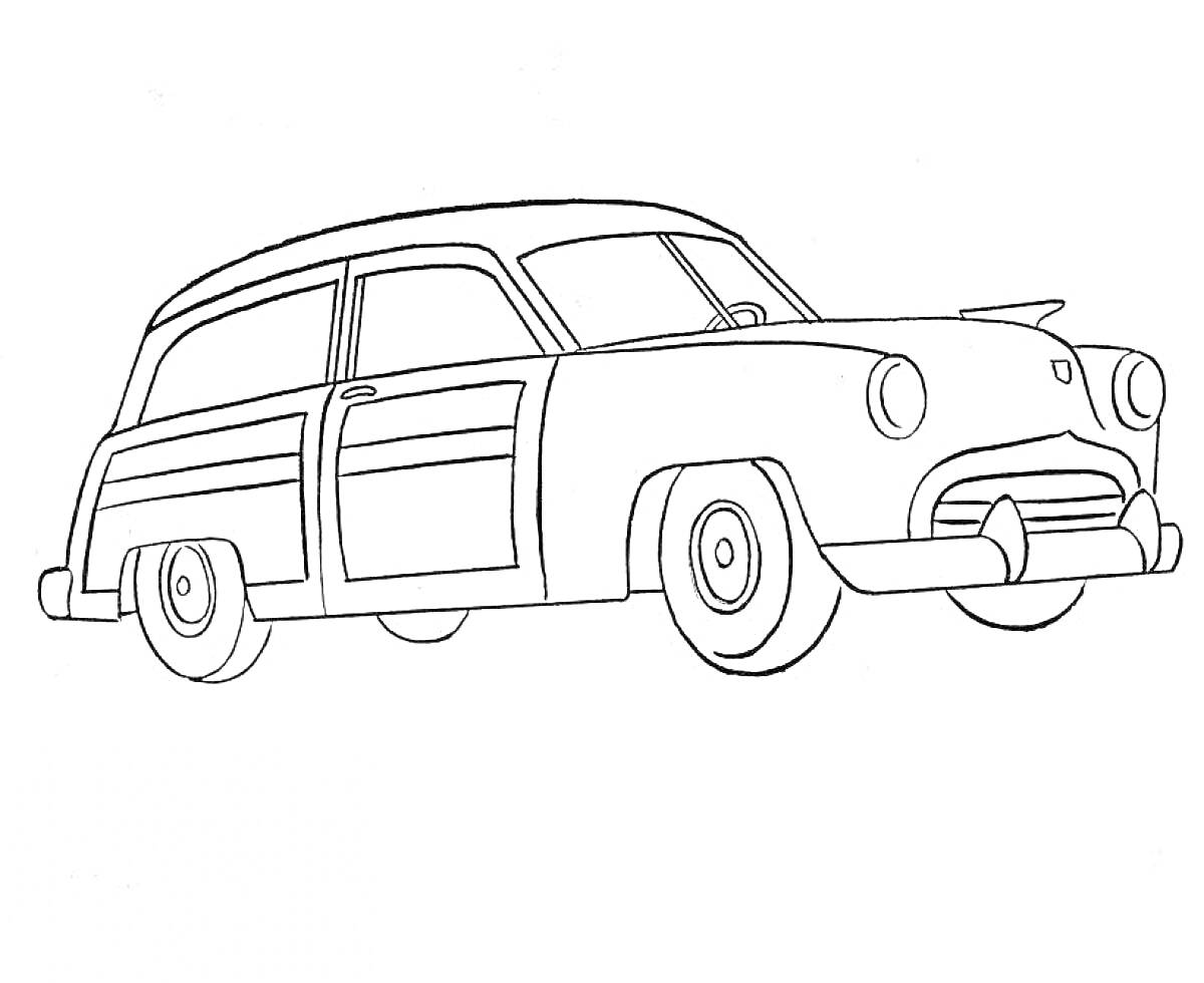Раскраска Легковая машина с боковыми дверями, боковыми окнами, передними фарами и колесами.