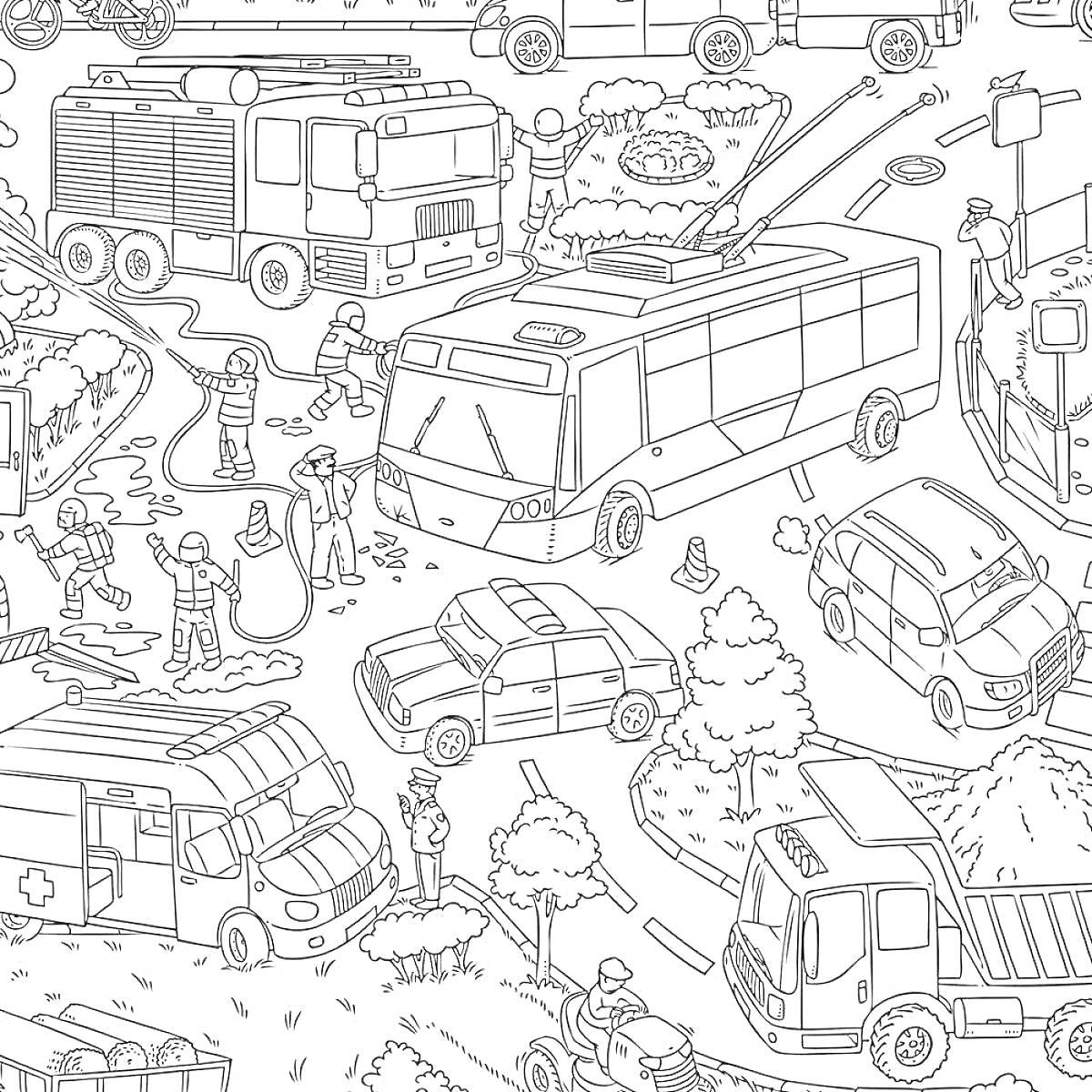 На раскраске изображено: Автобус, Пожарная машина, Скорая помощь, Дорожные работы, Конусы, Деревья, Улицы