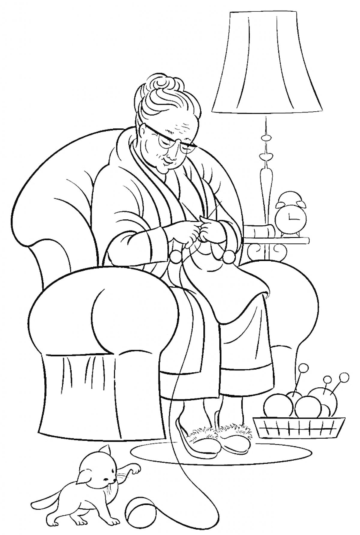 Раскраска Бабушка в кресле с вязанием, щенок, пряжа в корзине, лампа на столике