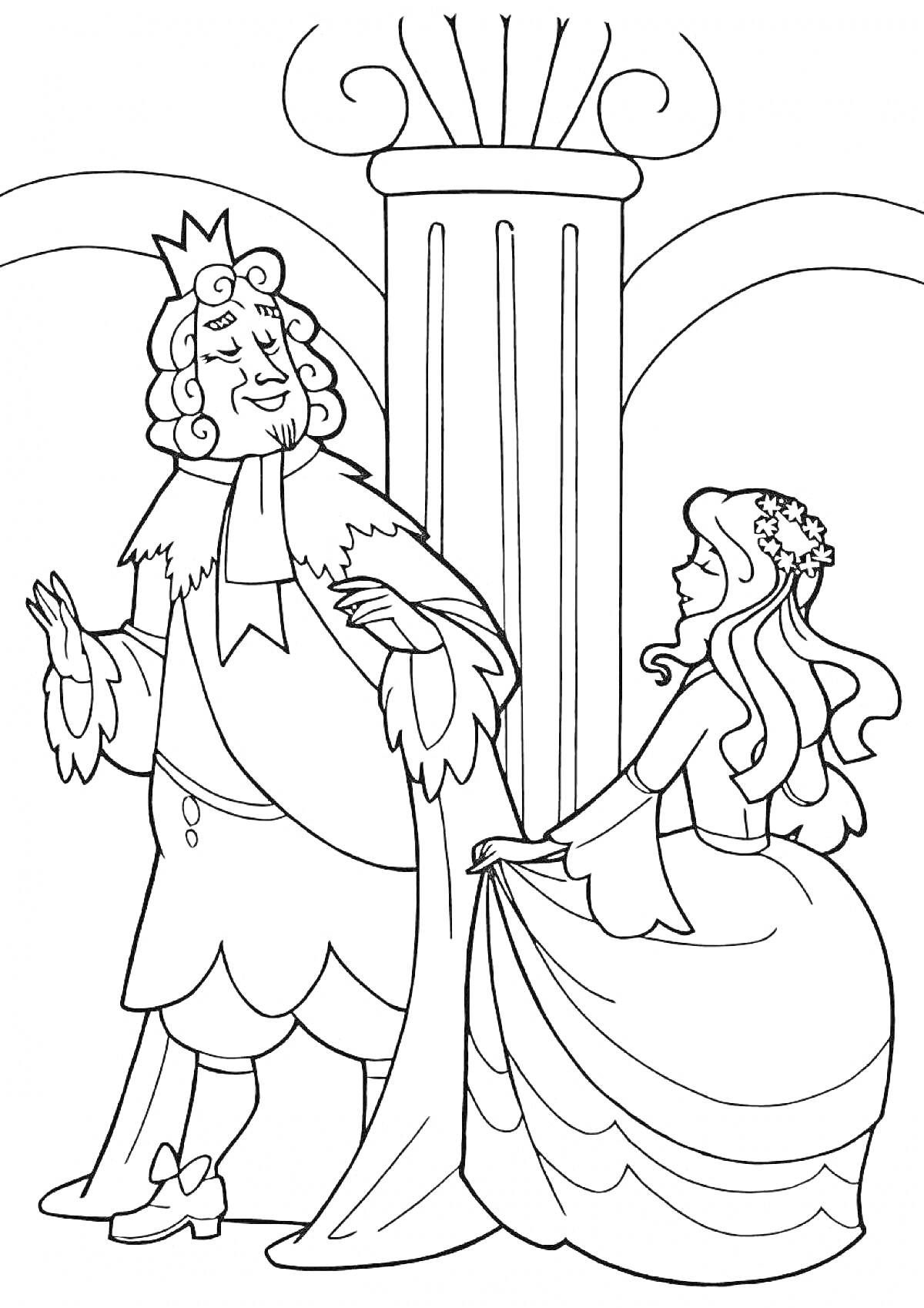Раскраска Король и дама на балу с колонной на заднем плане