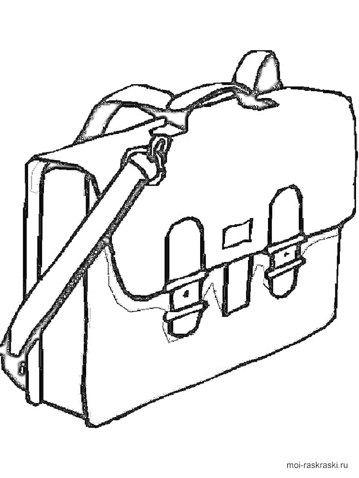 На раскраске изображено: Портфель, Рюкзак, Ремень, Застёжки, Сумка, Контурные рисунки