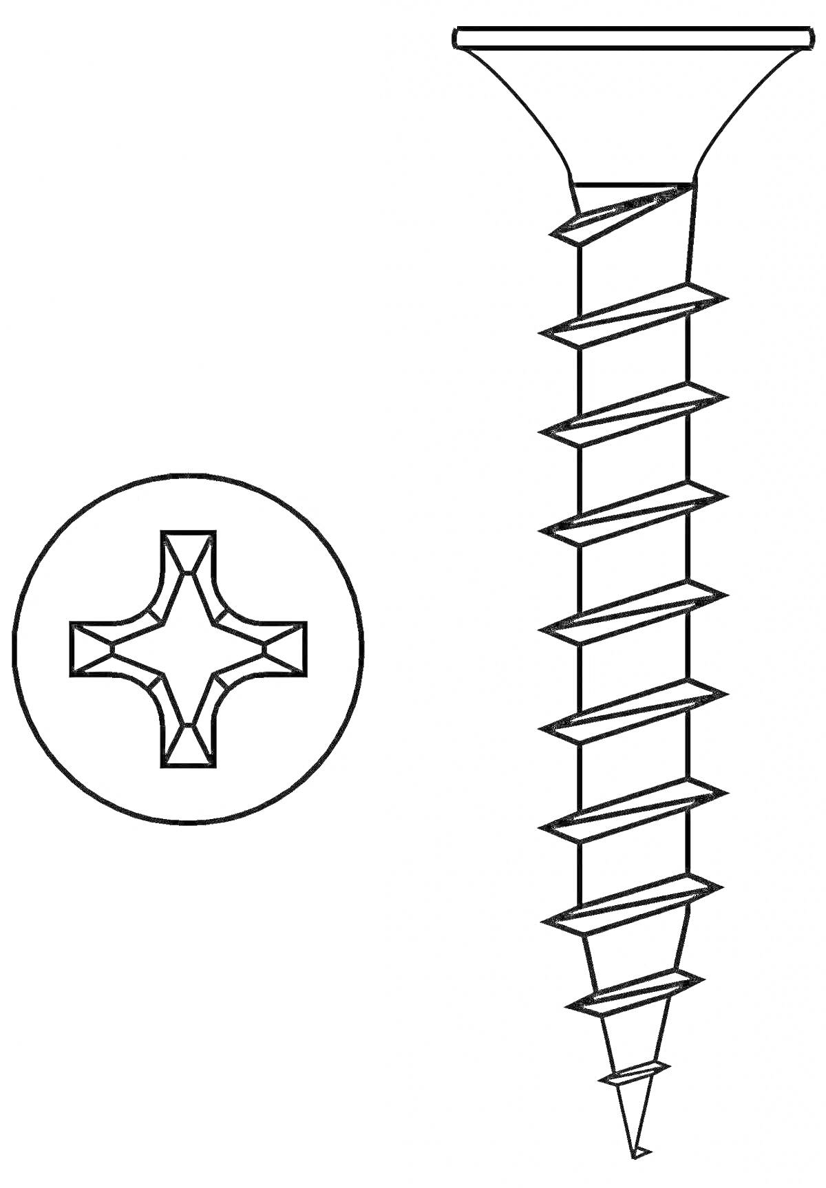Раскраска Шуруп с крестовой головкой и резьбой
