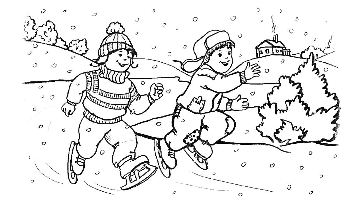 Дети на коньках зимой, домик на заднем плане, снежные сугробы, деревья