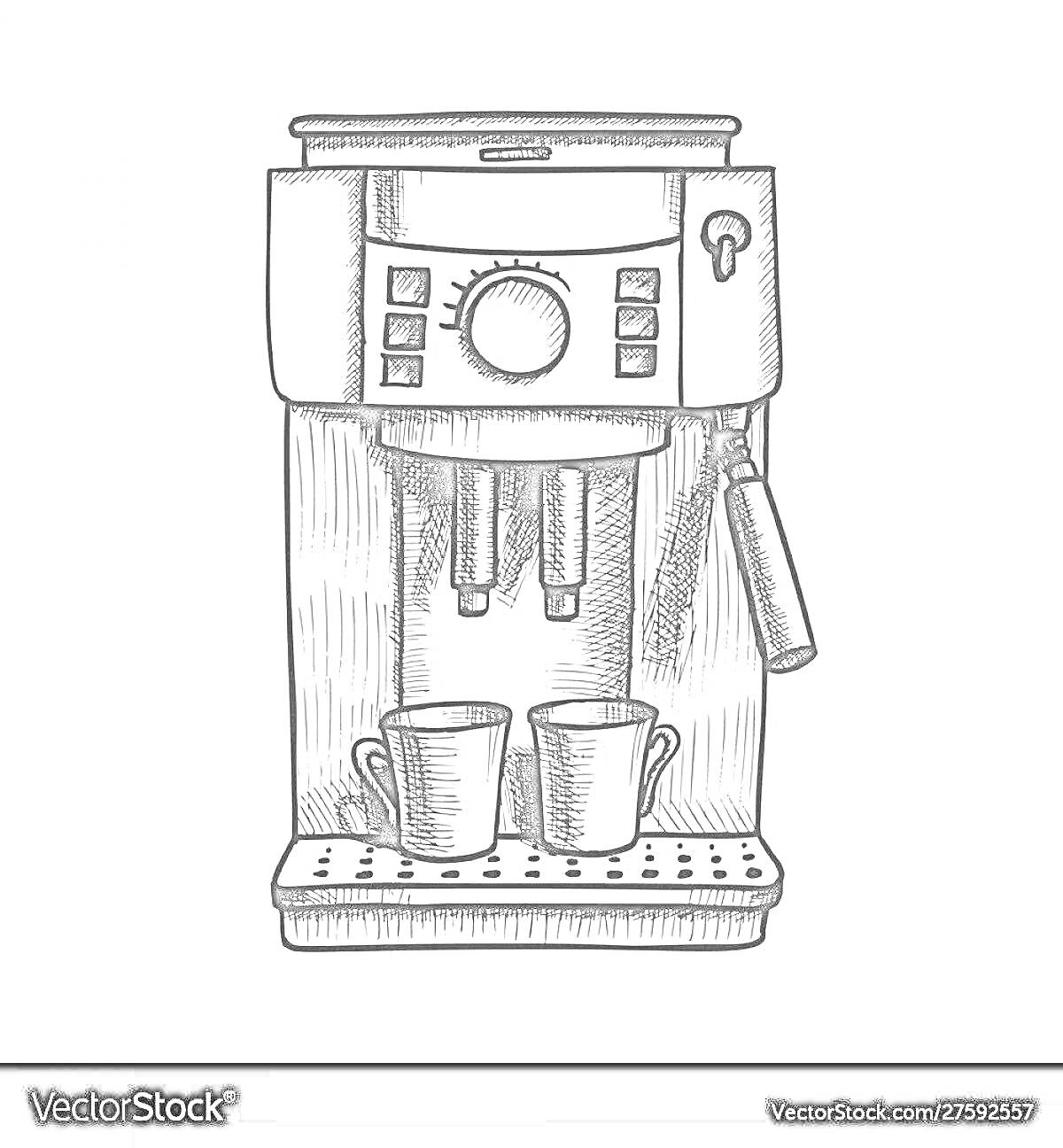 Раскраска Кофемашина с двумя чашками на подставке и ручкой для пара