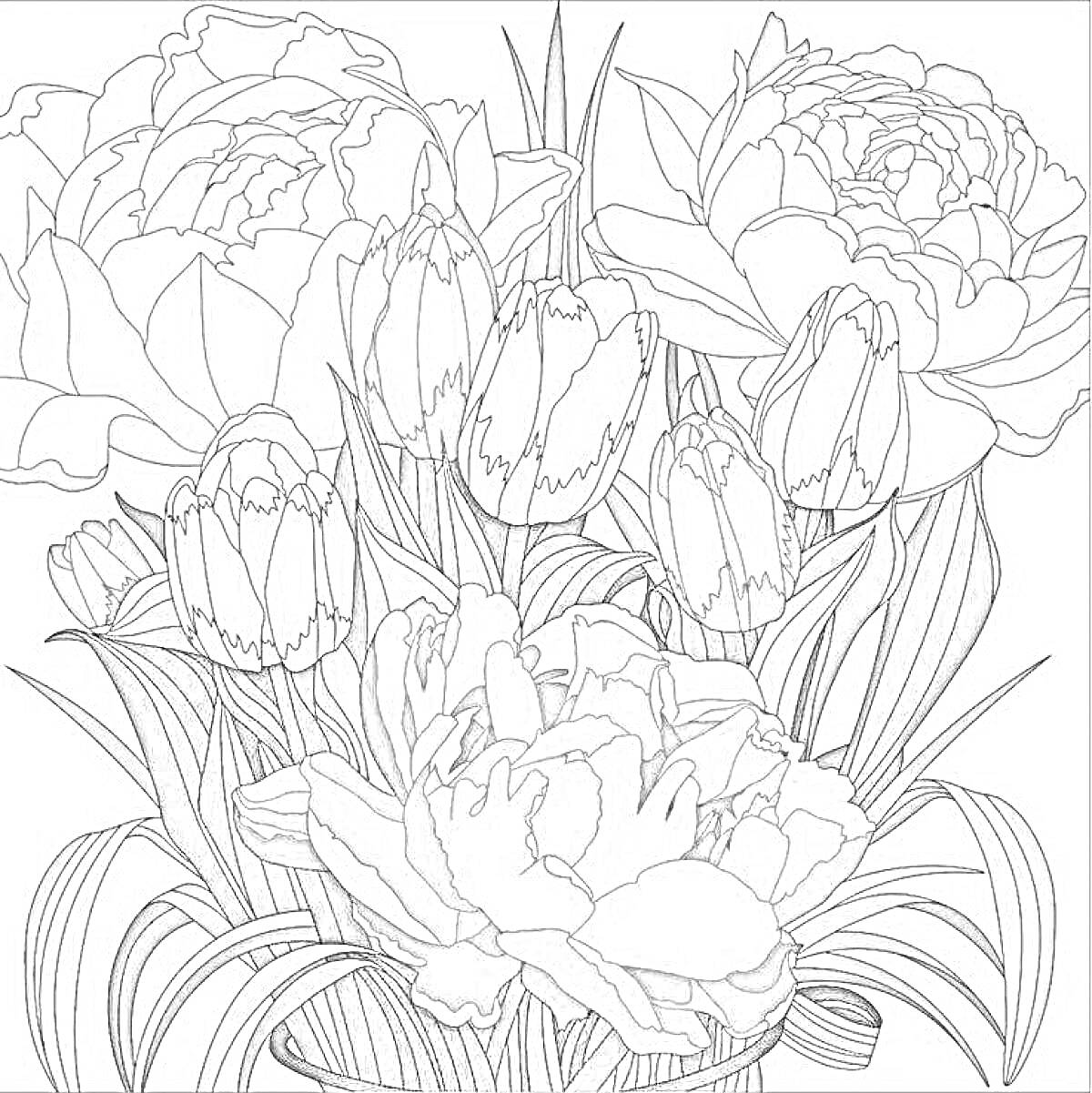 Раскраска Букет цветов с пионами и тюльпанами