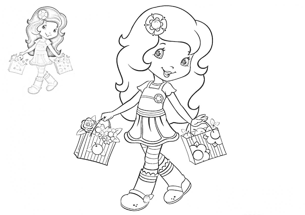 Раскраска Девочка с цветами в волосах и с подарочными пакетами в руках