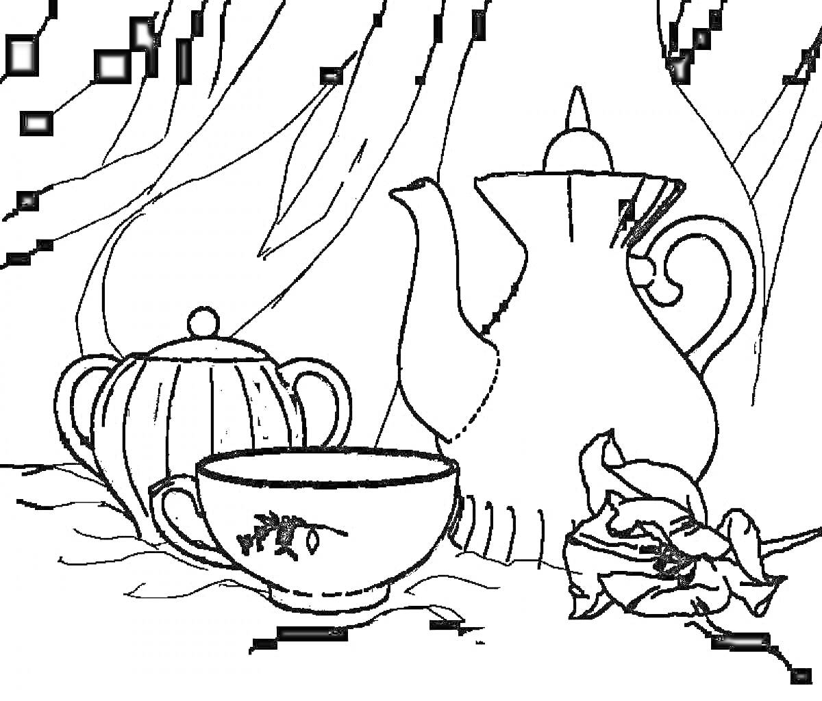 Чайный сервиз с чайником, сахарницей, чашкой и цветком на фоне